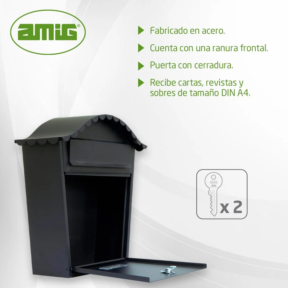 Amig - Buzón Exterior de Pared - Tamaño Compacto para DIN A4 - Apertura Frontal con Cerradura - Acero - Negro - Fácil de Instalar en Puertas o Verjas - 37 x 36 x 10,5 cm