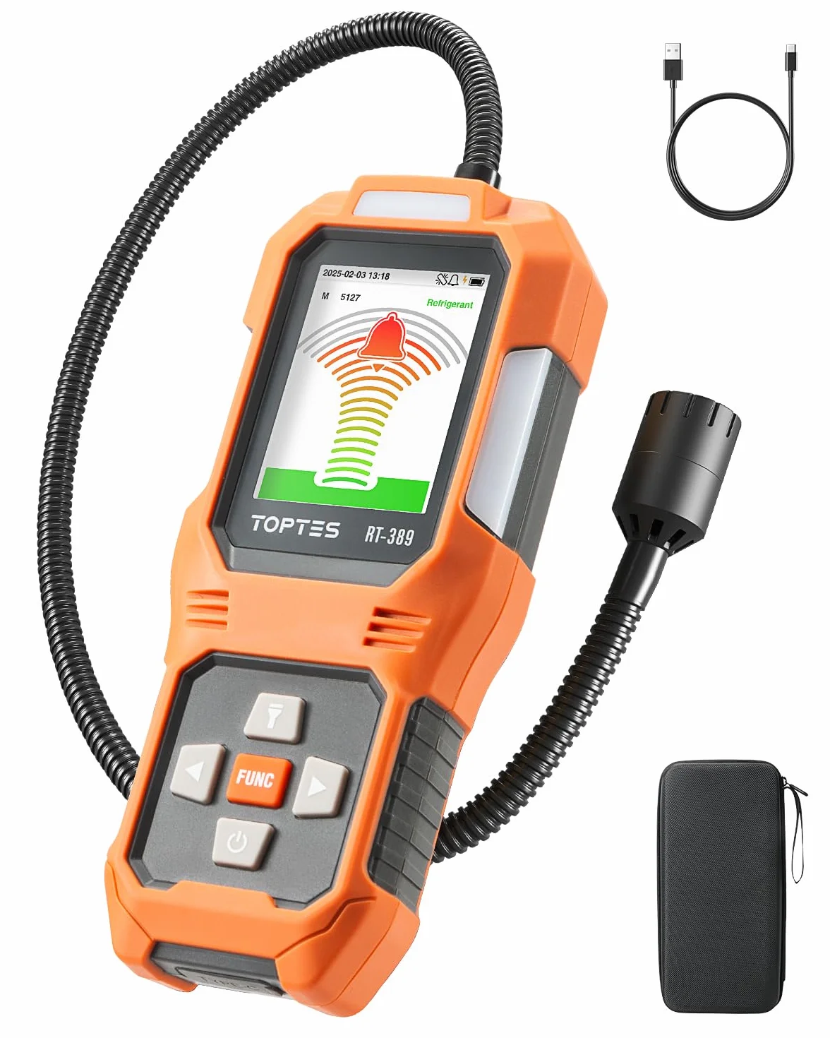 TOPTES RT-389 Detector de Fugas de Refrigerante Recargable, 3 Modos de Sensibilidad, Freón, CFC HCFC HFC HFO HC, Naranja