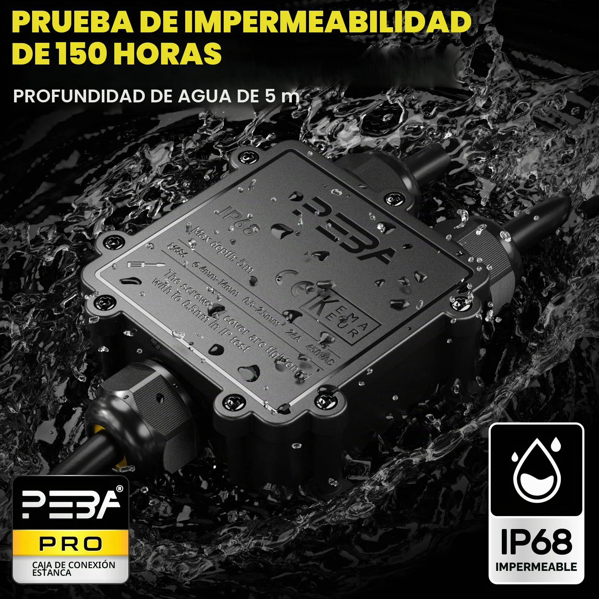 PEBA® Cajas de Conexiones Impermeables IP68, Conector de cable estanco,Caja de conexiones de conector de cable Exterior de 3 vías, Apto para cables Ø4-14 mm Caja Conexiones Negro,1 piezas