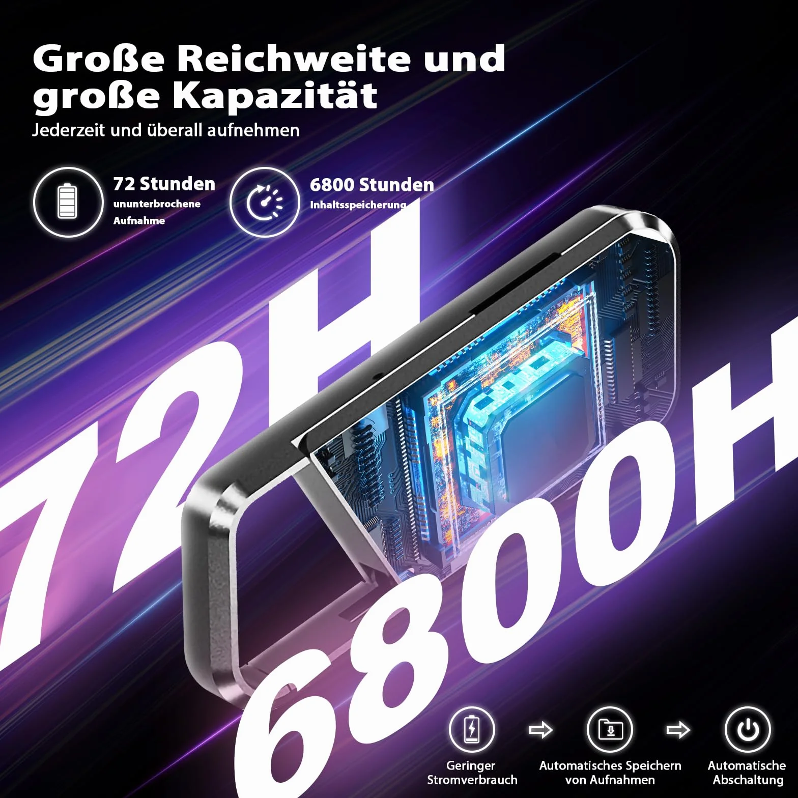 Grabador de Voz 72GB con Reconocimiento de Voz, DSP5.0, OTG, 6800h para Reuniones
