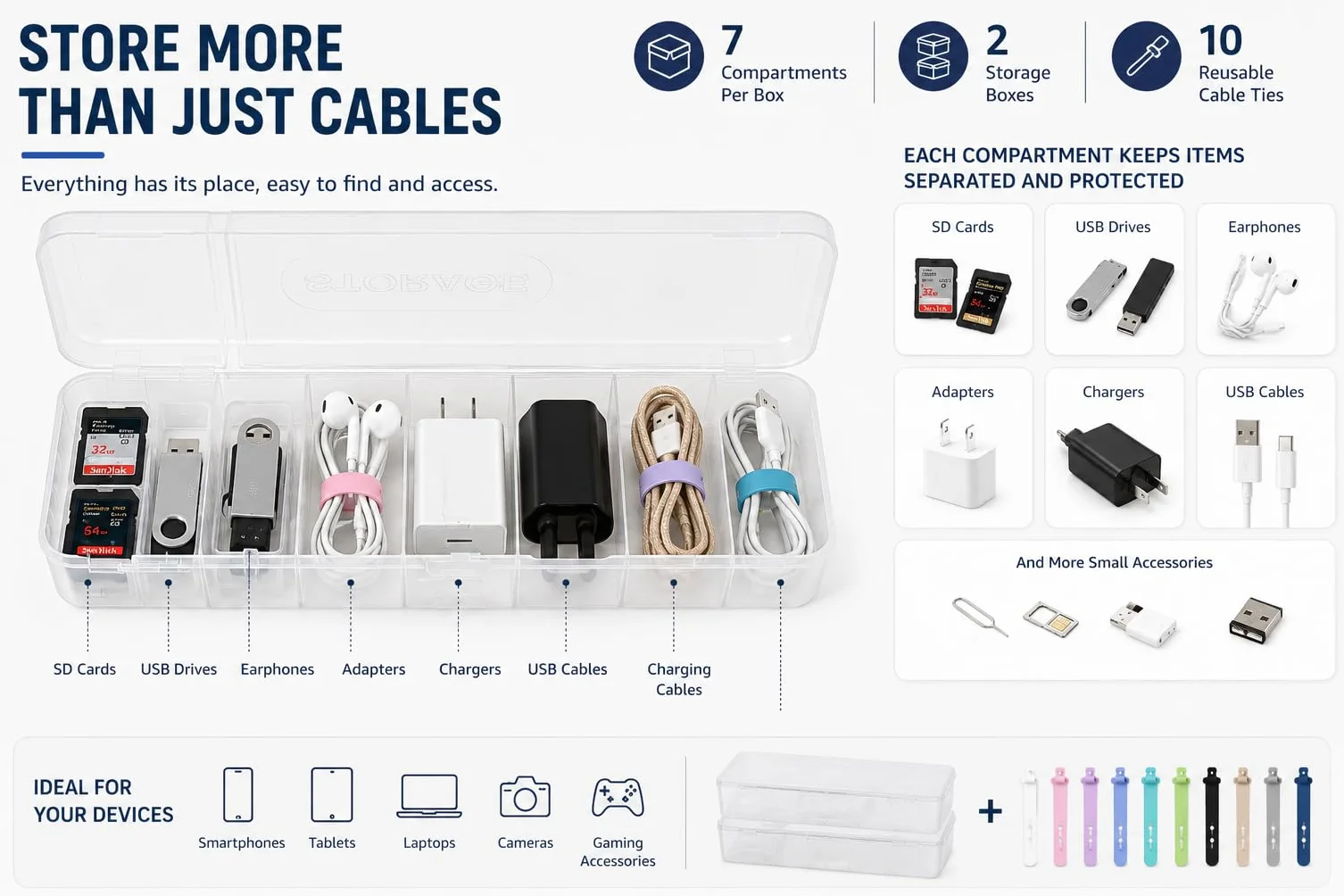 Caja de almacenamiento para cables, 2 unidades, 7 compartimentos, transparente con 12 bridas, organizador de doble apertura