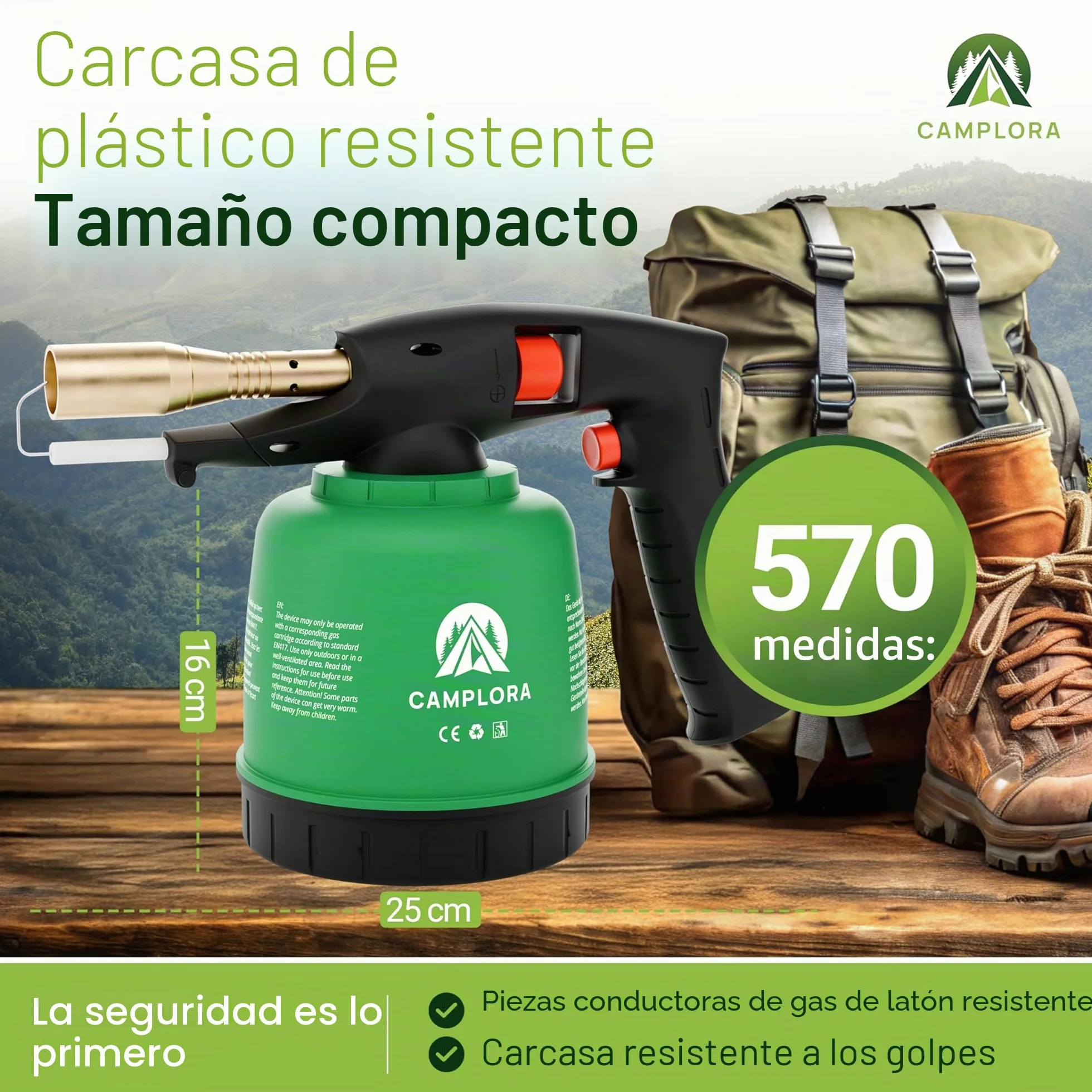 CAMPLORA Soplete Con Encendido Piezoeléctrico y 10 Cartuchos de 190g, Quemador de Gas Para Taller, Soldador Bunsenbrenner