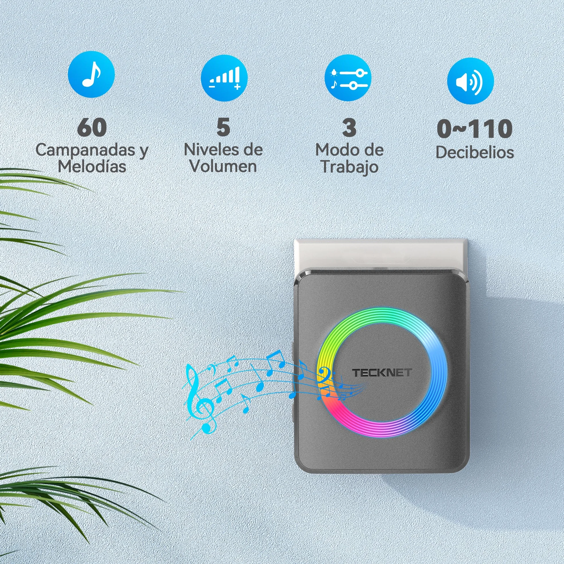 TECKNET Imbre Inalámbrico, 500m Alcance IP65 Impermeable,Timbre Inalámbrico Exterior Impermeable 60 Melodías Ajustables, 5 Niveles de Volumen (0-110dB),Adecuado para Hogar, Hotel, Emergencia, etc