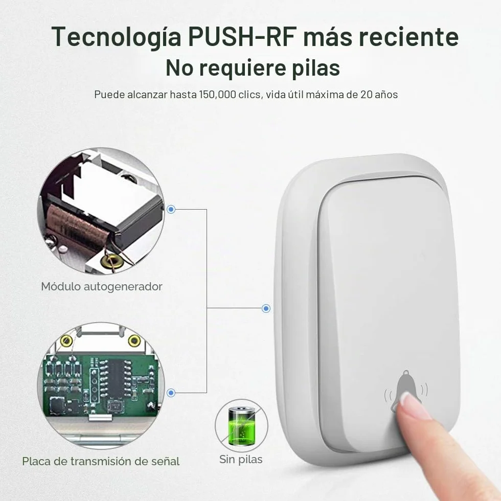 Timbre Inalámbrico sin Pilas, PDGROW Timbres Inalámbricos Impermeable Autoalimentado, 150M de Alcance, con 4 Niveles de Volumen, 38 Melodías, Indicadores LED