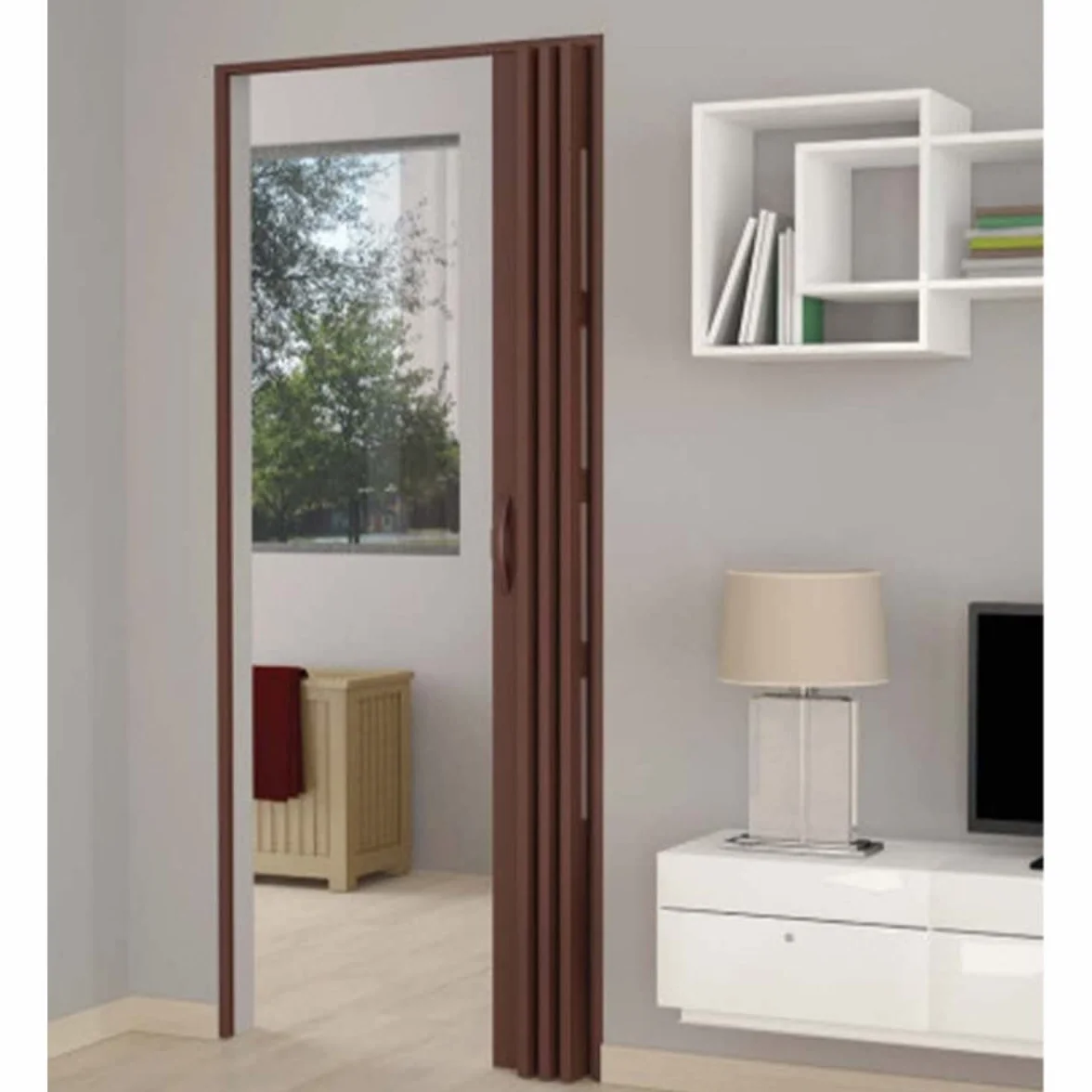 Puerta plegable de interior en kit con cristales de PVC nogal 82 x 210 cm mod. Sonia