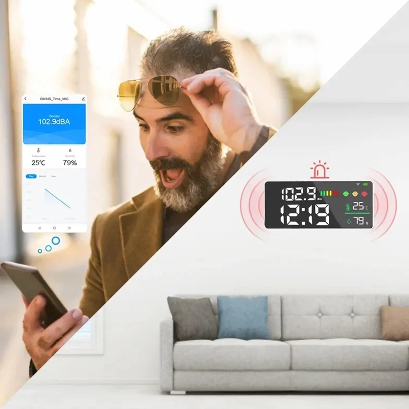 Detector de ruido WIFI Tuya con monitor de decibelios, sensor de temperatura y humedad, pantalla LED