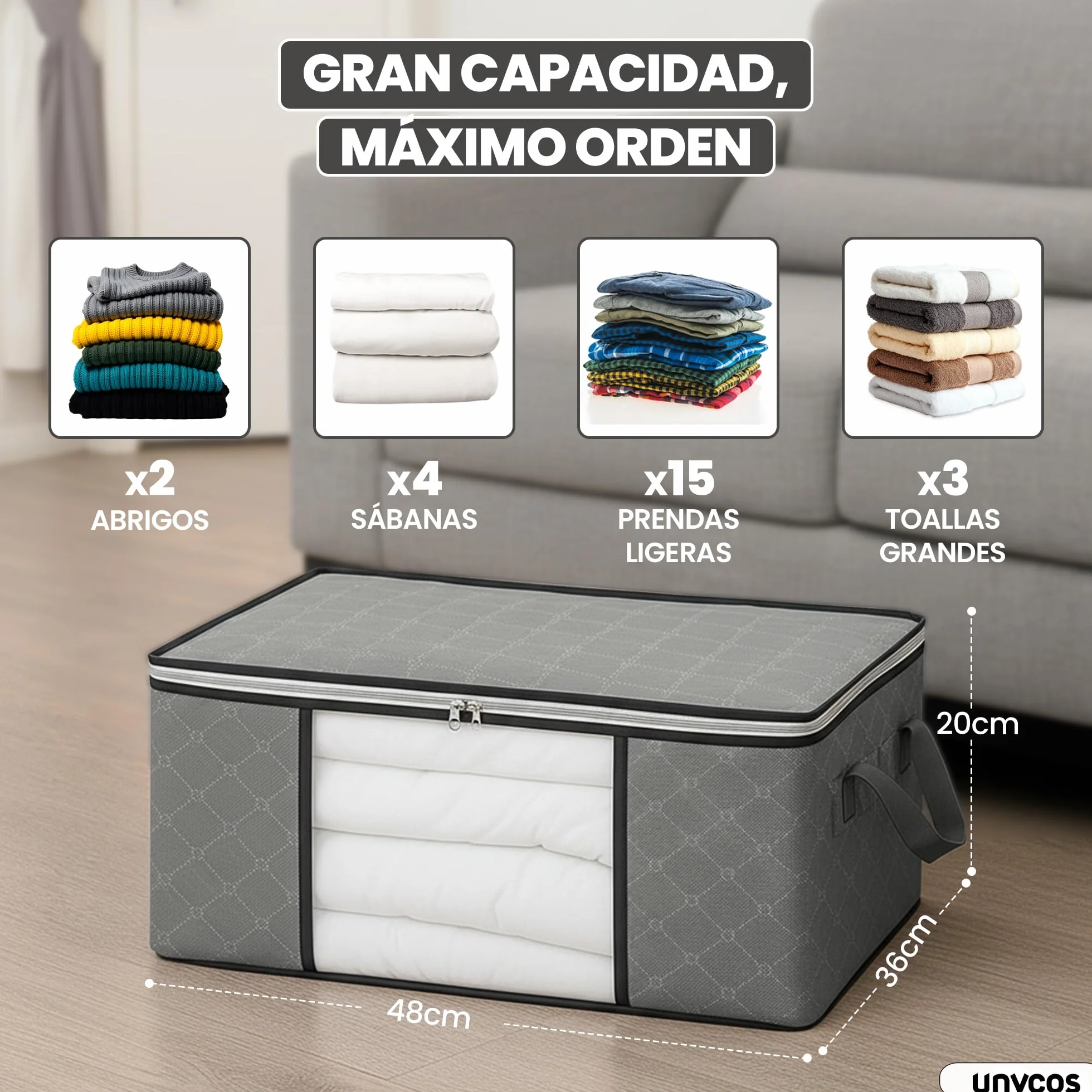unycos Cajas Almacenaje Ropa 35L Bolsas Plegables Ventana Transparente Doble Cremallera Asas Reforzadas Organizador Toallas Edredones Juguetes 10 kg Grey Black