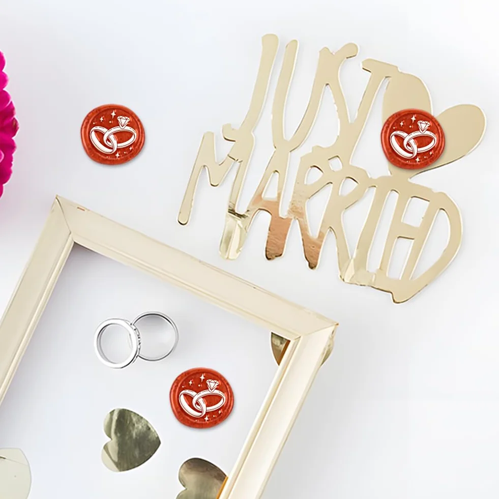 Sello de cera con anillos de boda, extraíble, 1 pulgada, cabeza de sello de cera de latón con mango de plástico ABS para invitaciones de boda, tarjetas de felicitación y sobres