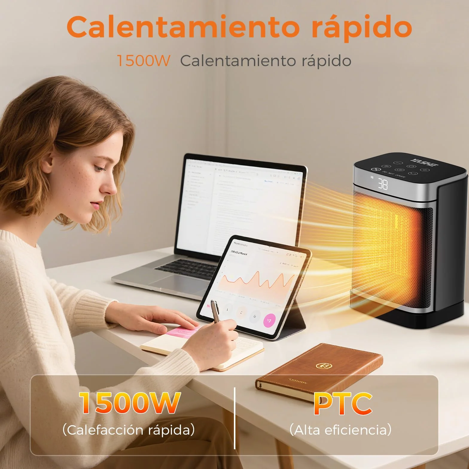 YASHE Calentador Eléctrico PTC de 1500 W con ventilador y ahorro de energía, oscilación de 70°, termostato, control remoto, protección contra sobrecalentamiento y vuelco, temporizador de 1 a 24 h