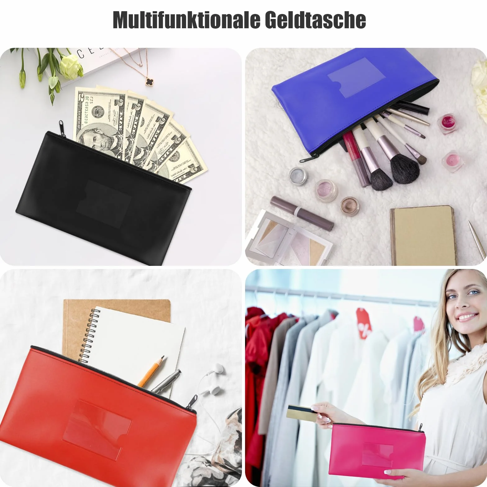 Bolsa para Guardar Dinero de PU Cuero Impermeable con Cremallera 27x15cm, 4 Piezas