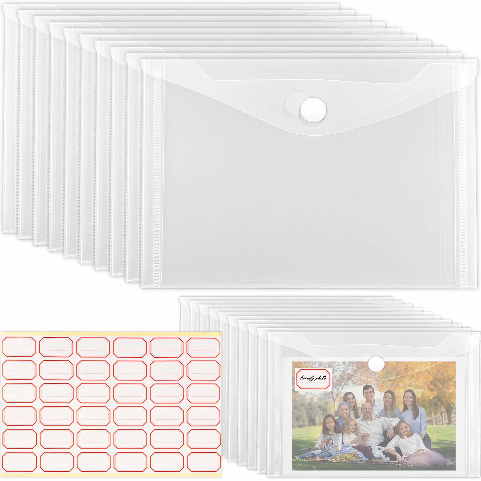 30 bolsas de plástico transparente tamaño A4, 16 x 11,5 cm, impermeables, con bolsillo para etiqueta y botón a presión, para el hogar, la oficina y la escuela