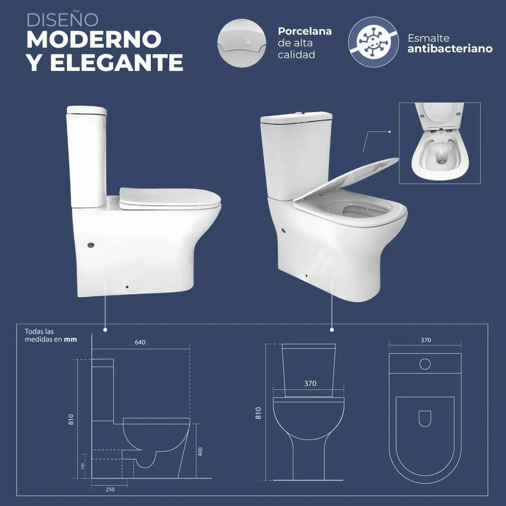 Inodoro Completo, PRAGA Adosado a pared completo con Taza Rimless | Incluye Cisterna con Mecanismo ECO y Tapa Amortiguada de UF