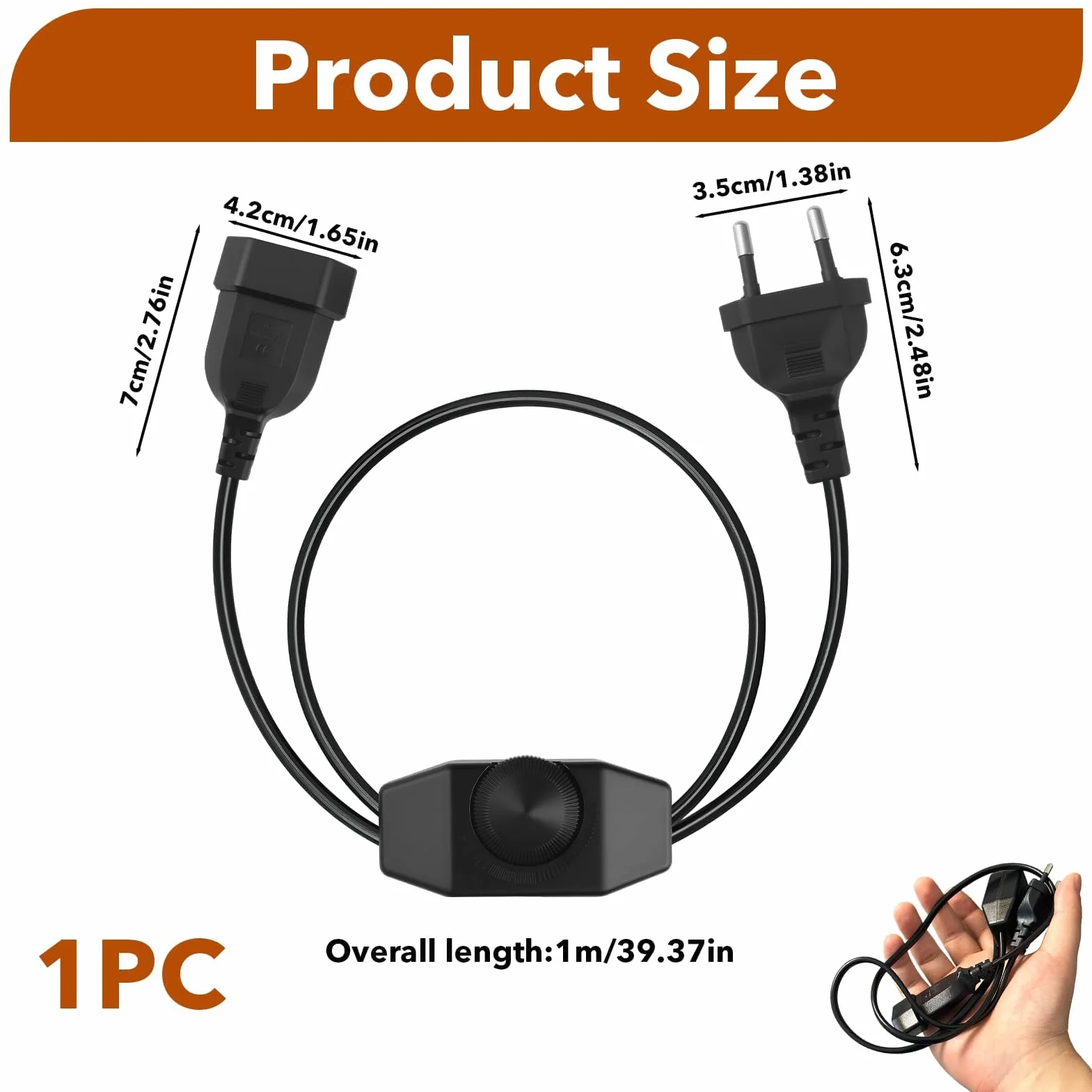 Regulador LED con Interruptor Rotativo, Cable 1M Negro 220-250V 100W Máx, Dimmer Silencioso con Enchufe Europeo para Lámparas y Bombillas LED Regulables, Extensión de Cable Ajustable