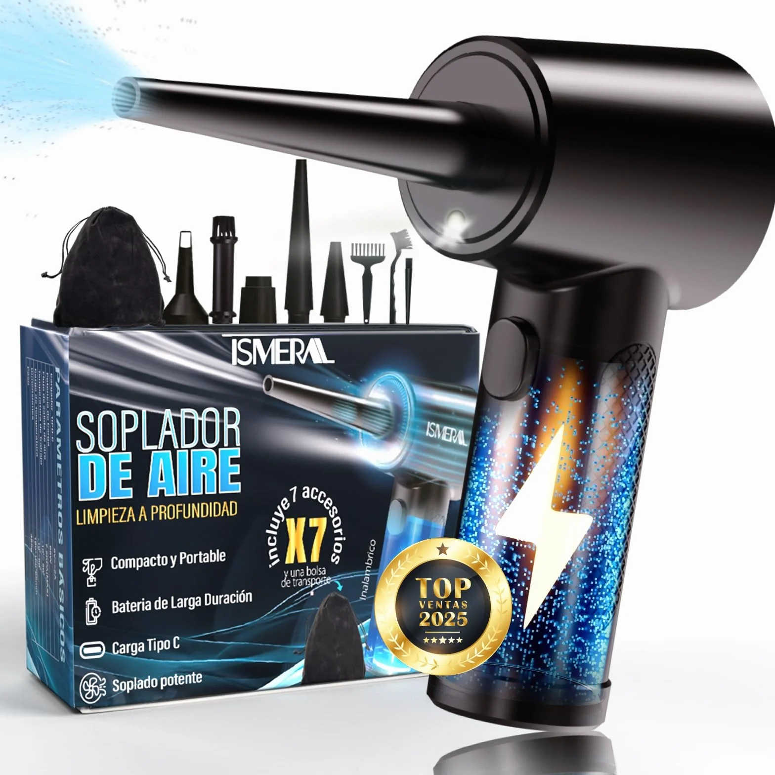 SÚPER Soplador de Aire Potente ISMERAL® + Accesorios | Bateria 6000mAh | soplador electrico de 100000RPM | Aire Comprimido Limpieza pc | Soplador Aire | Pistola aire comprimido y limpiador pc