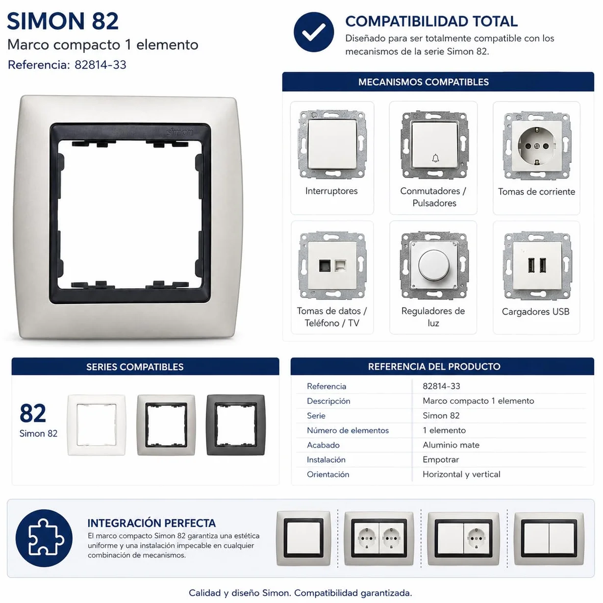 CABLEPELADO Marco compacto para 1 elementos Simon 82 | Marco de 1 elementos y bastidores | ‎82814-33 | Apto para superficie y empotrar | Dimensiones: 89x87 mm | Color Aluminio mate
