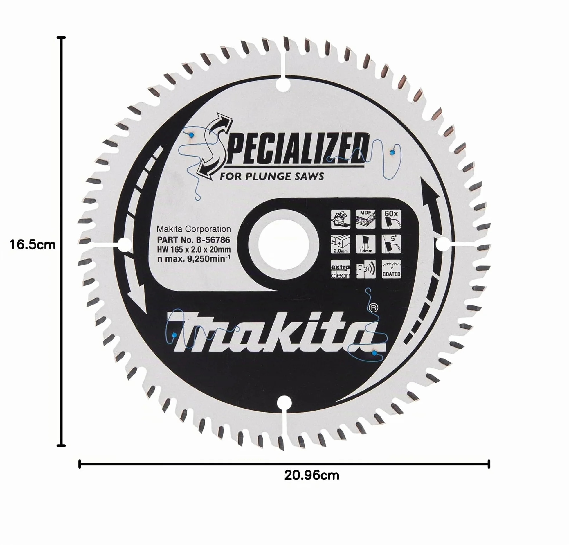 Makita B de 56786 Hoja de sierra Specialized, 60 dientes, 1 V, 165 x 20 mm
