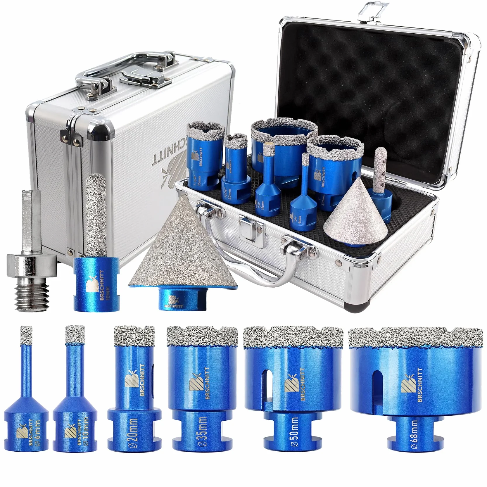 Juego de Brocas Diamante - 10 piezas (6/10/20/35/50/68mm+10mm Broca Fresado+50mm Brocas Chaflán Biselado+Hexagonal Adaptador) para Porcelanico Baldosa Cerámica Mármol Granito