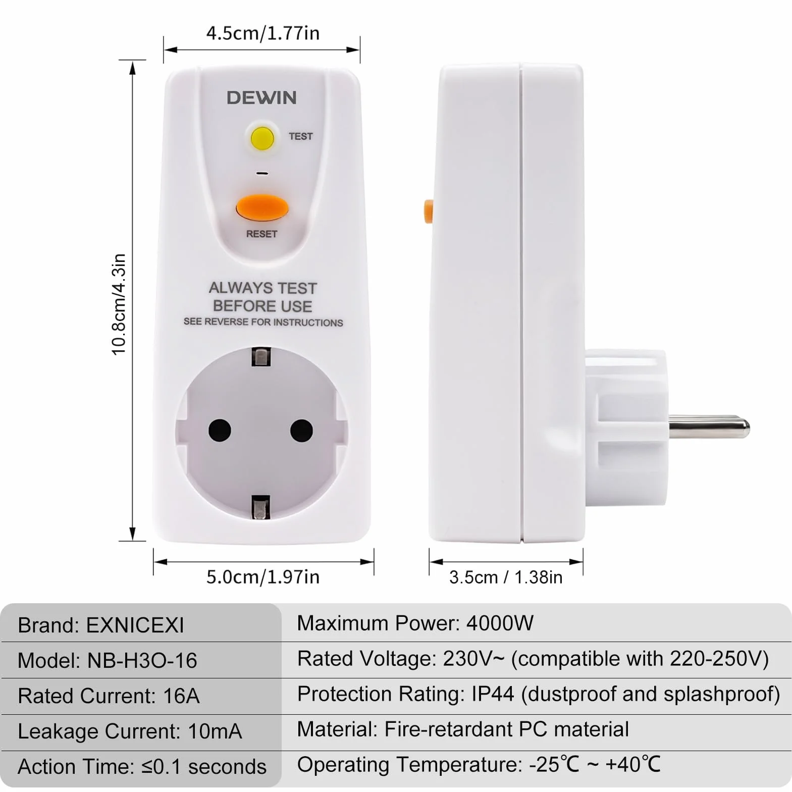 Interruptor Diferencial Enchufe 10mA, Paquete de 2 Interruptor de Corriente Residual antifugas y choques eléctricos, Toma de Corriente de Seguridad con Protección GFCI, 230V 16A