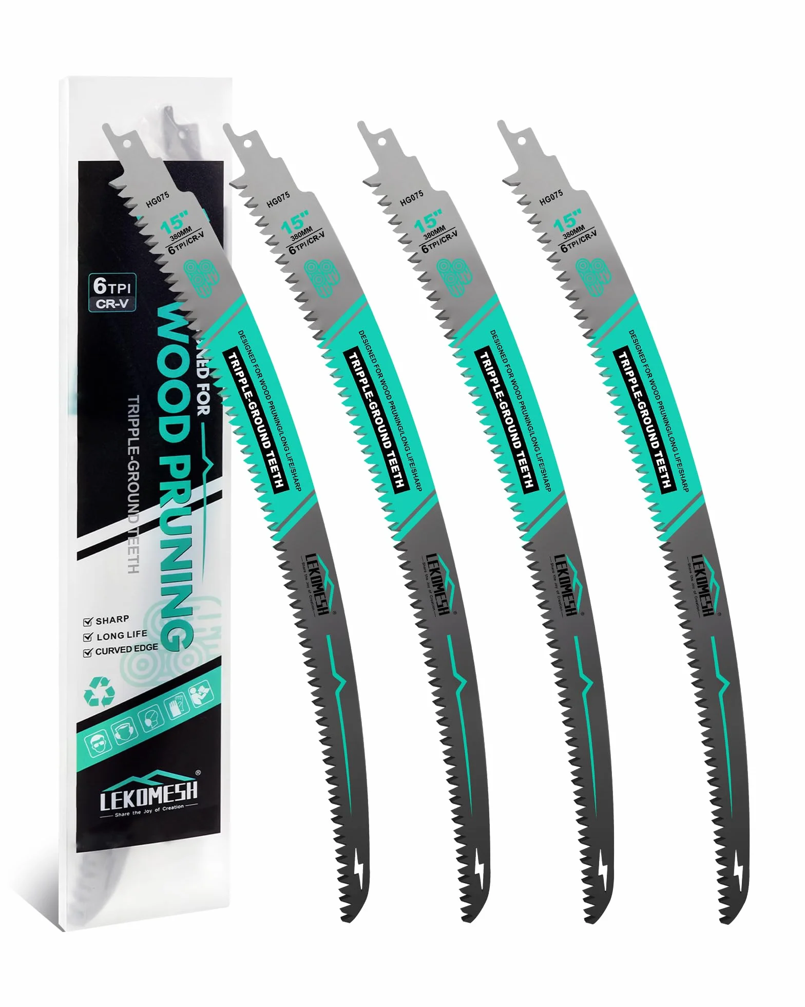 Hojas de sierra alternantes de dientes japoneses de 380 mm, 4 unidades, hojas de sierra de poda de madera de borde curvo 6TPI para podar árboles, cortar madera, cuchillas de sable Cr-V.