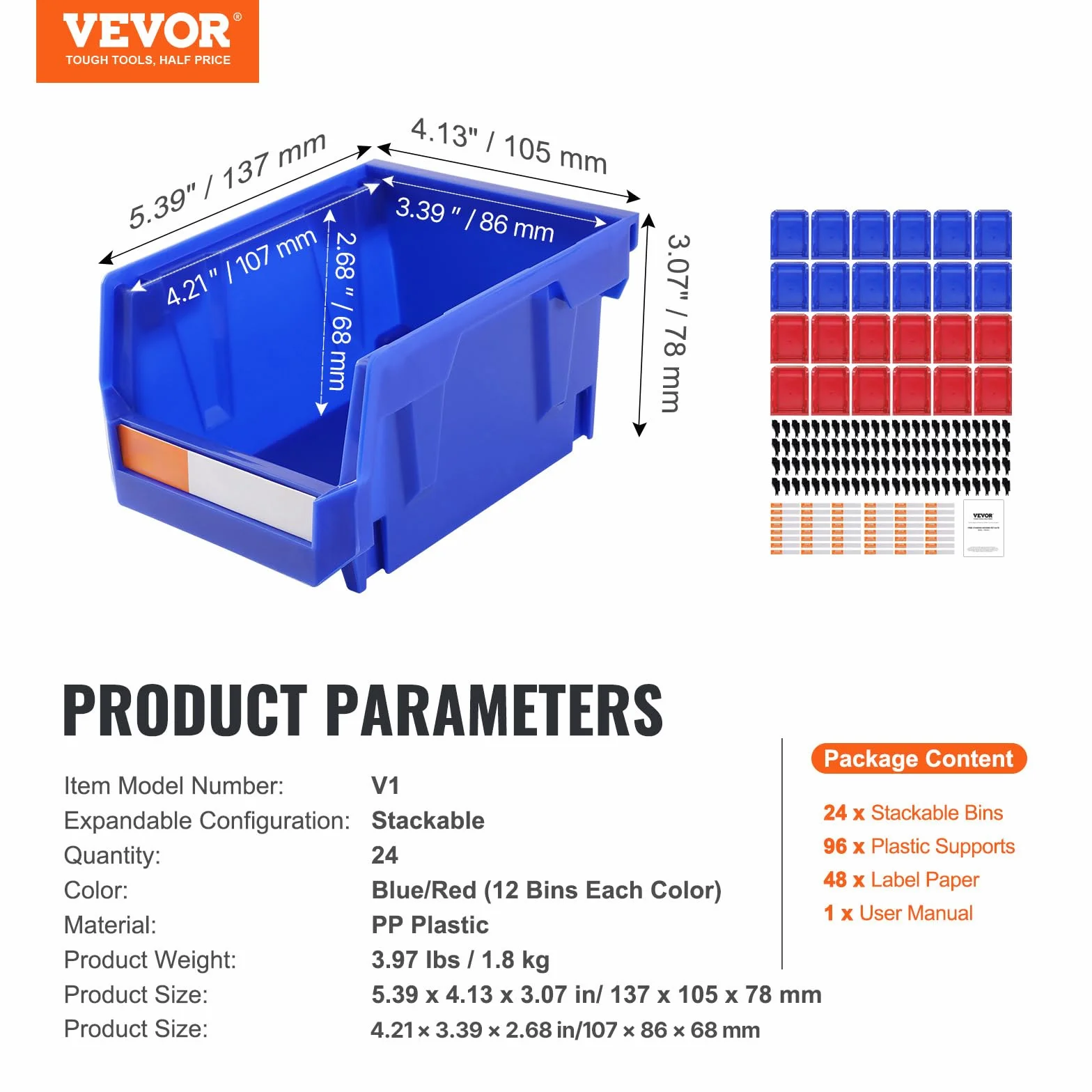 VEVOR Contenedor de Pernos 24 Cajas de Almacenamiento Apilables para Taller 137 x 105 x 78 mm Combinación Azul/Roja Contenedor de Herramientas para Armario, Cocina, Oficina, Despensa, Estante, Pared