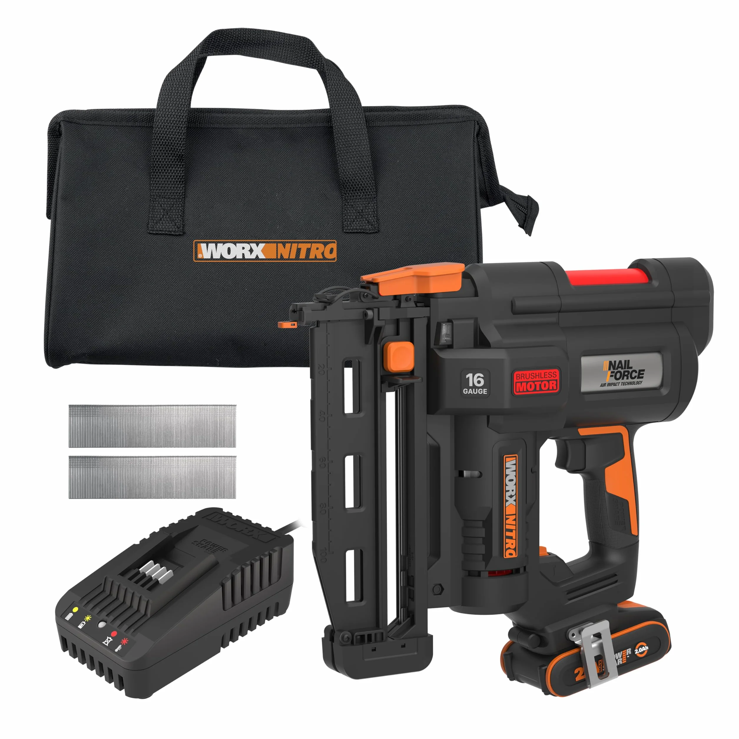 WORX WX841 Nitro – Clavadora eléctrica inalámbrica 20 V – 2 Ah – Tire hasta 80 clavos por minuto – Hasta 64 mm en la madera – Desbloqueo sin herramientas – (incluye batería y cargador| 200 clavos