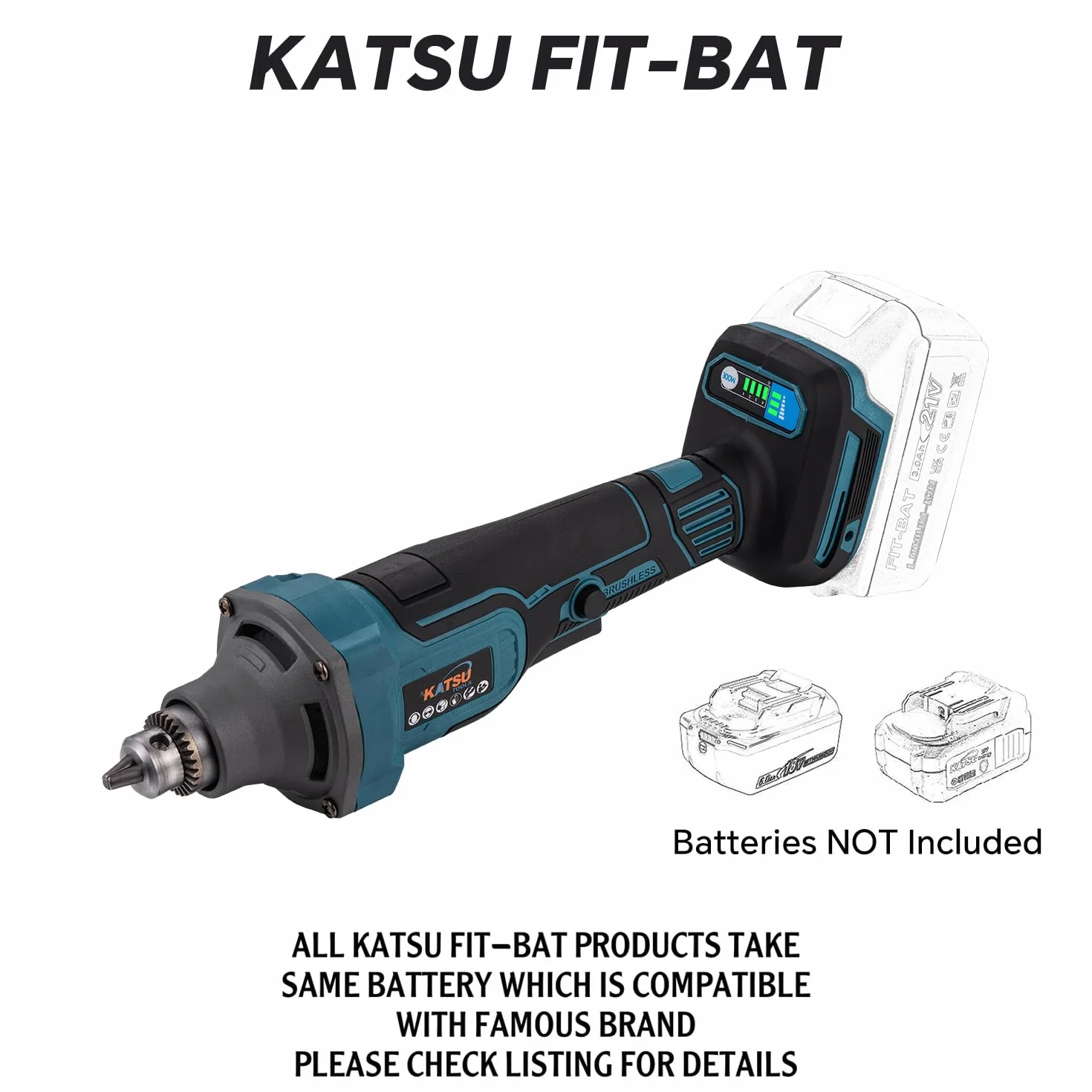 KATSU FIT-BAT 21V Brushless Amoladora Recta a Batería sin Escobillas, 6mm Portafresas, 4 Velocidades Variables y Interruptor de Seguridad, sin Batería ni Cargador 102324