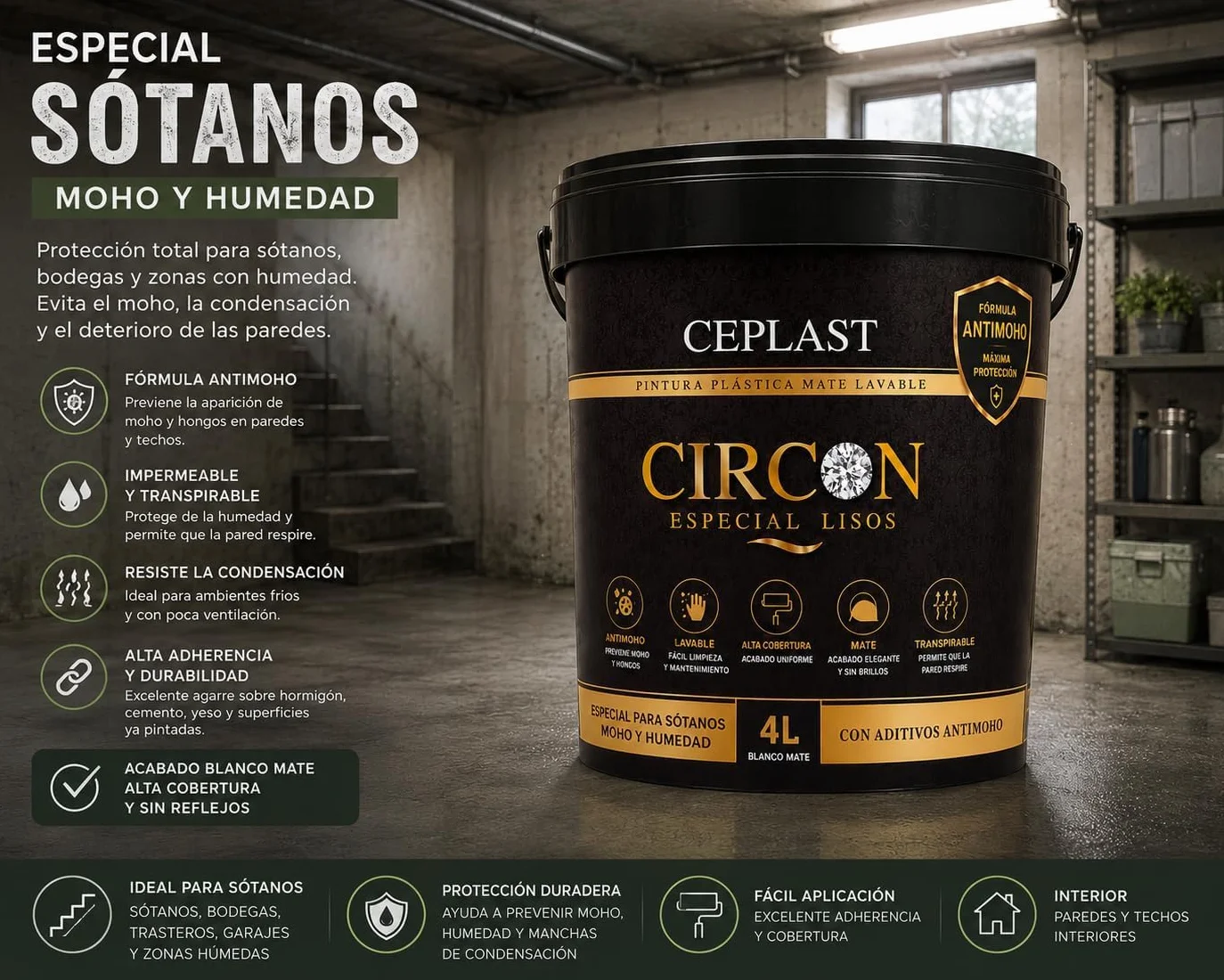 Pintura Antimoho CIRCON Interior Mate | Protección Contra Humedad, Moho y Condensación | Alta Cobertura y Acabado Profesional | Disponible en 0,75L, 4L (4 Litros)