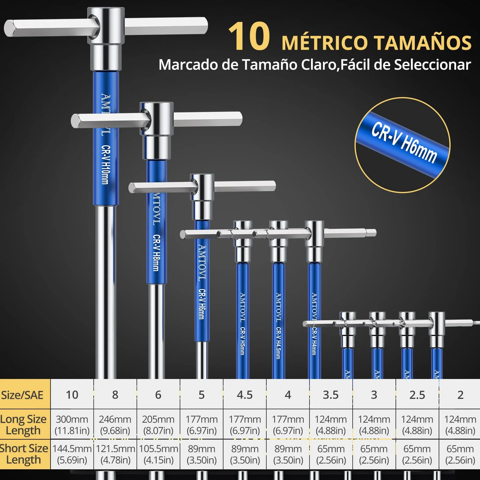 AMTOVL Juego de 10 Llaves Allen Hexagonales con Mango en T,Llaves Allen Métrica on Mango T 2mm-10mm para Mantenimiento de Vehículos,Juego de 10 Piezas con Caja de Almacenamiento