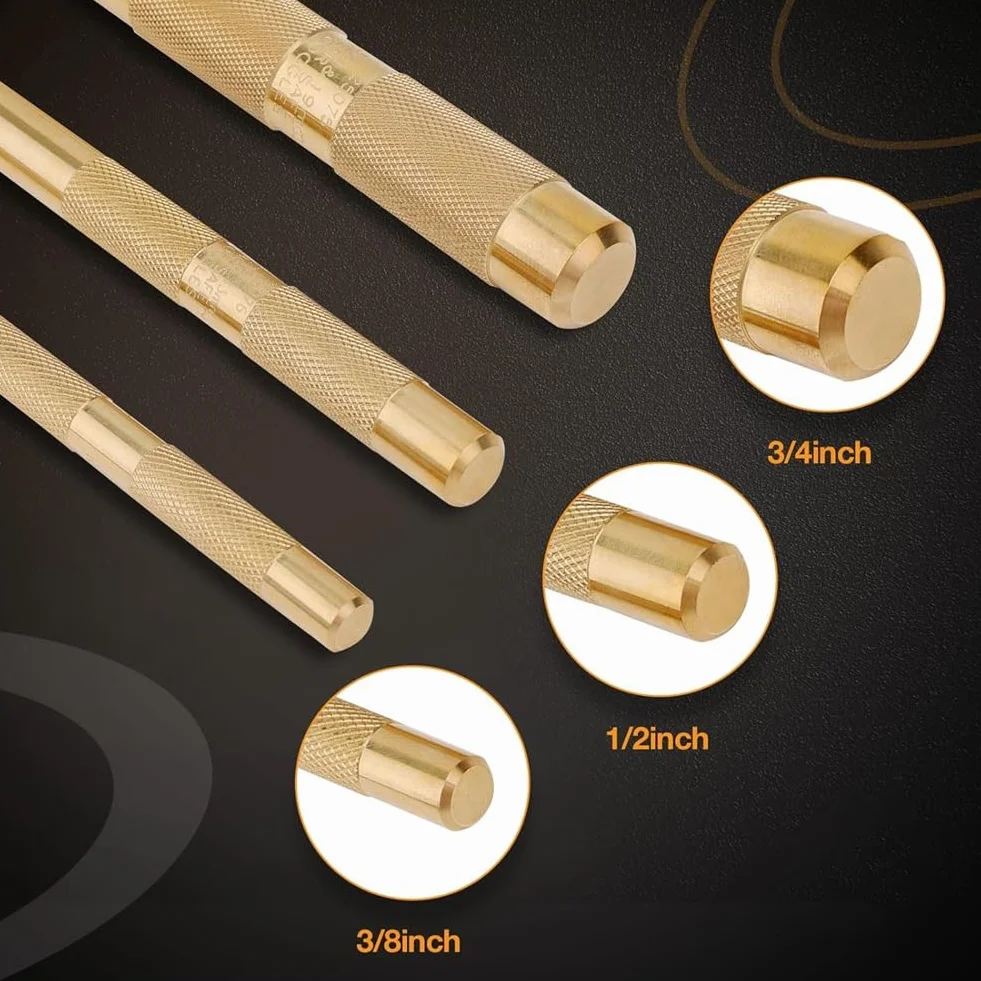 Brass Drift Punch Set, 25075 25076 25077 - Punzones de latón de 3 piezas con 3/4 pulgadas, 1/2 pulgadas, 3/8 pulgadas