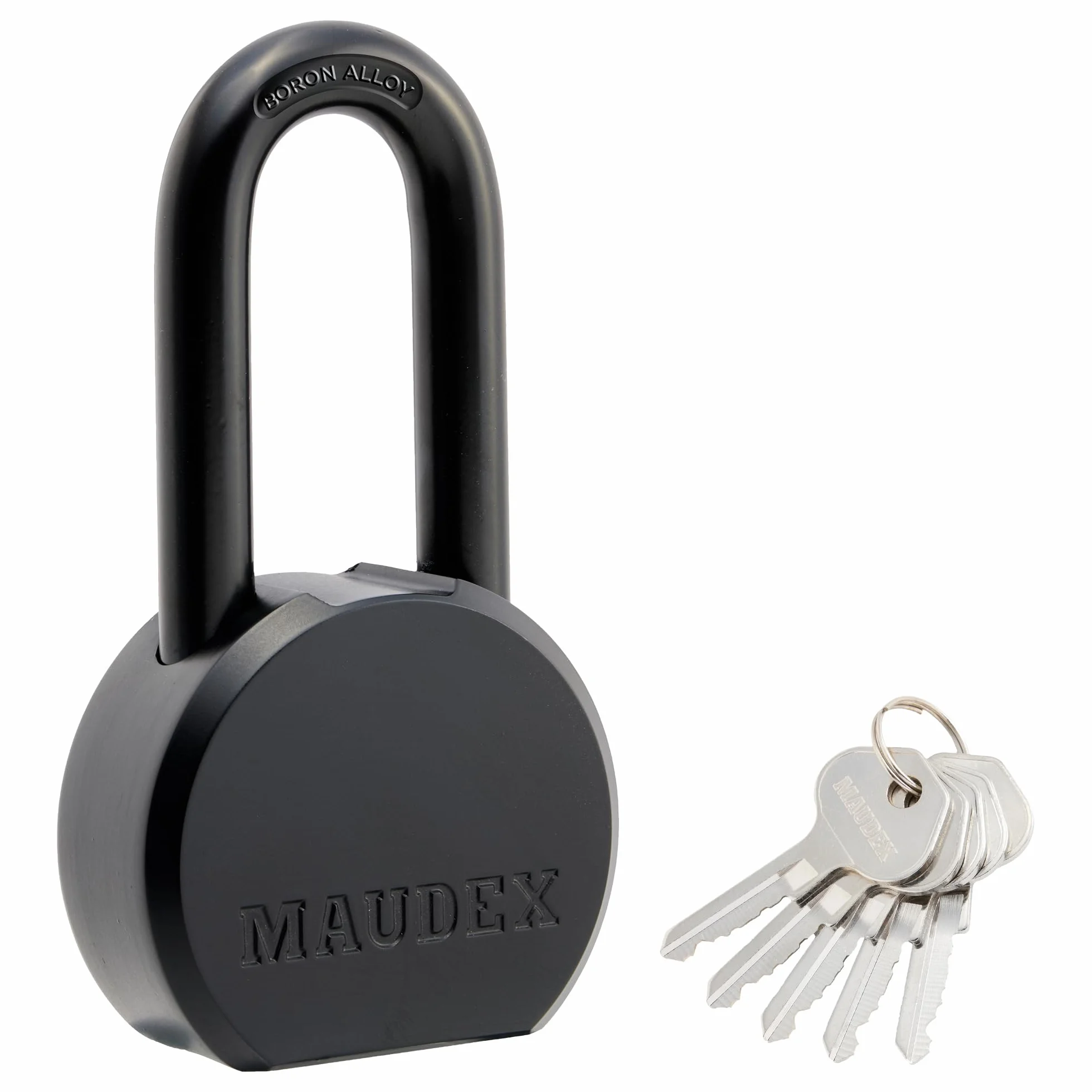 Maudex® PME65 Candado para uso intensivo: candado alta seguridad con arco de aleación de boro, diseño resistente a la intemperie y 5 llaves de latón. Para cobertizos, puertas