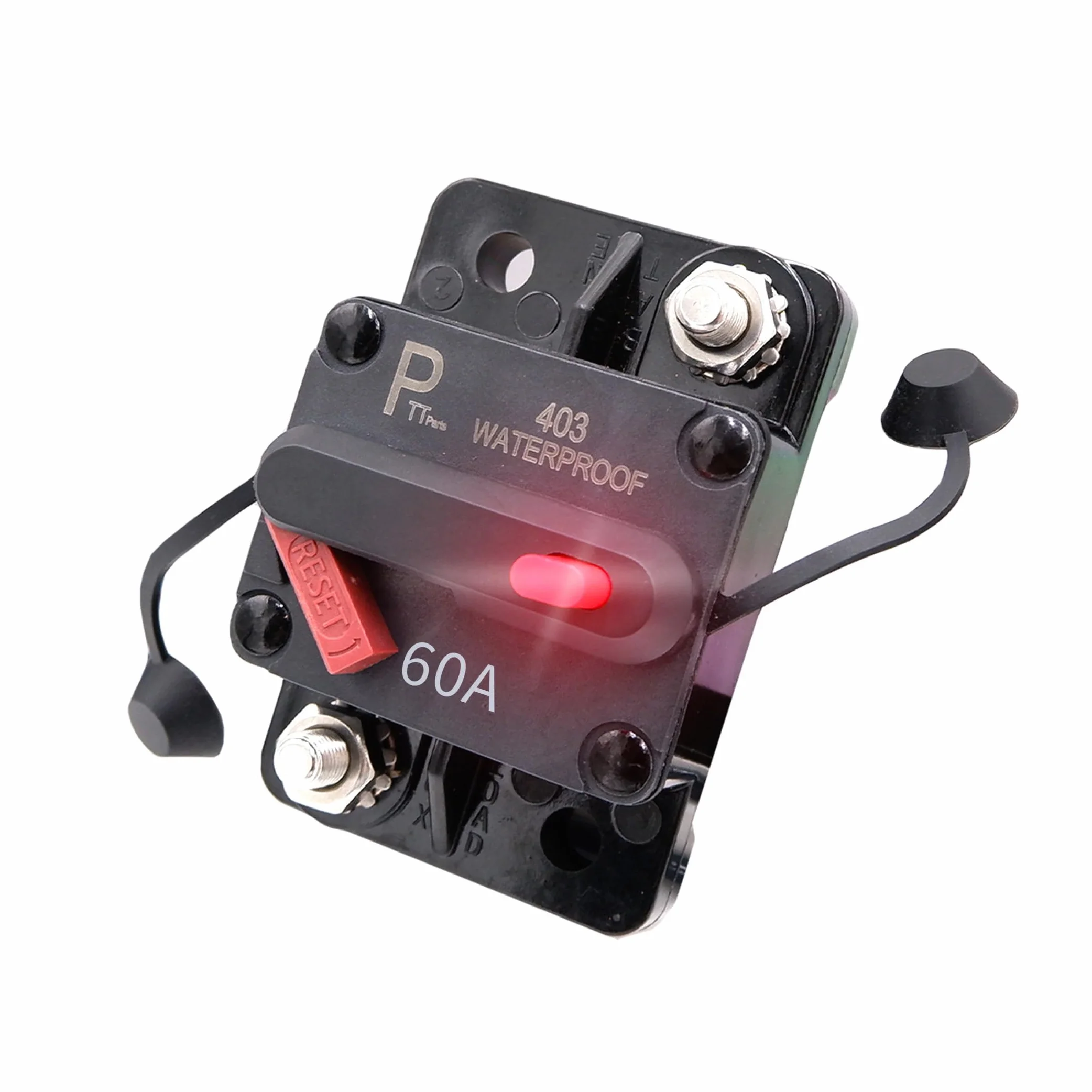 Disyuntor 60A 12–48V DC impermeable IP67 con LED indicador, desconectador de batería con reinicio manual y pernos 1/4", para coche, camper/RV, barco y sistema solar