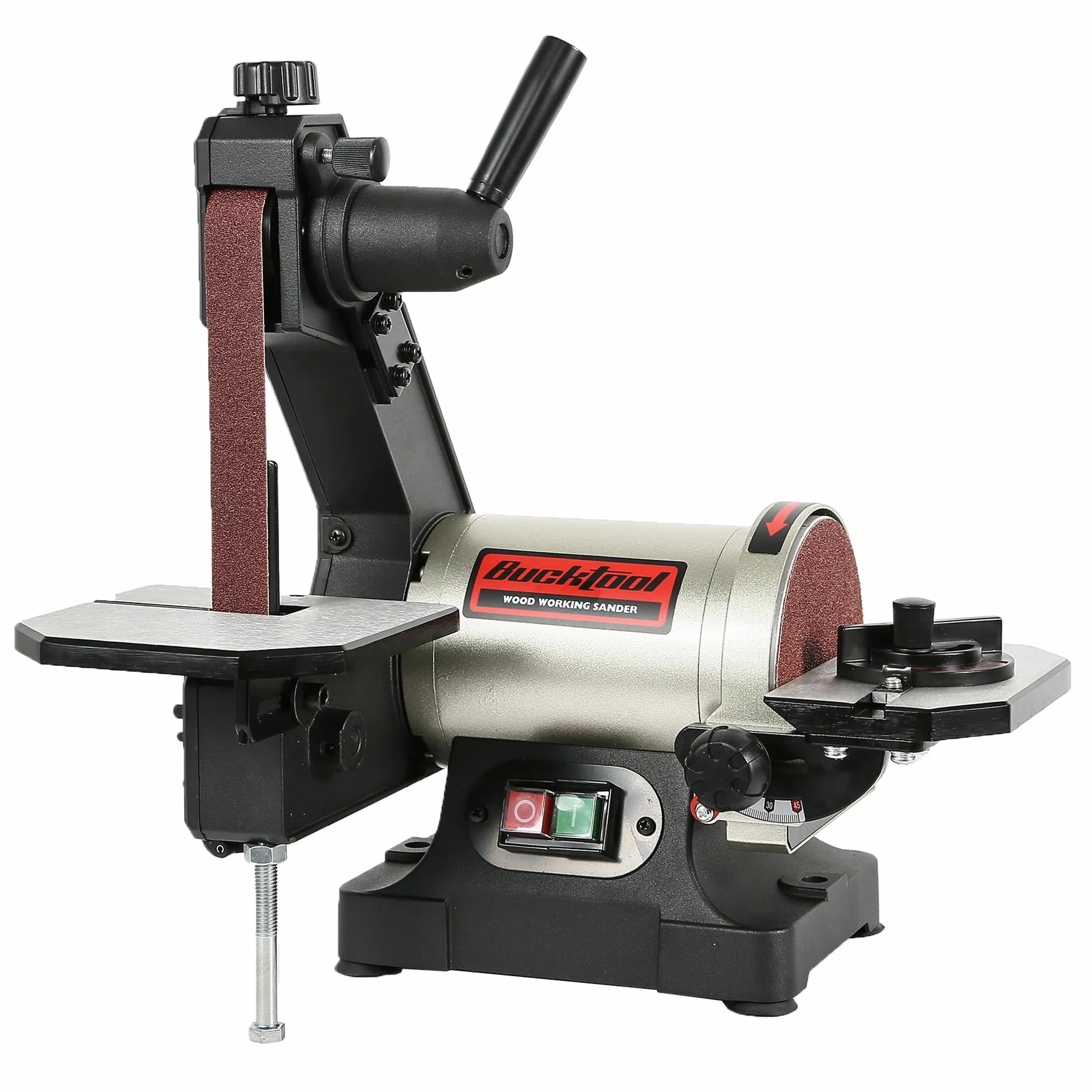 BUCKTOOL Lijadora de banda de banco de 250 W, correa de 25,4 x 762 mm y llave de disco de 127 mm, almacenamiento y cubierta de correa fácil de quitar, lijadora de disco de banda de mesa de