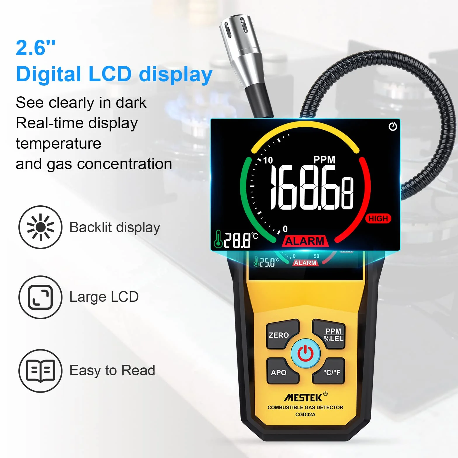Detector de Gas Natural Detector de Fugas de Gas MESTEK Butano Propano Metano Ciudad LPG LNG Combustible Gas Sensor Portátil Alarma de Gas con Batería LCD para Ciudad Cocina Garaje Autocaravana