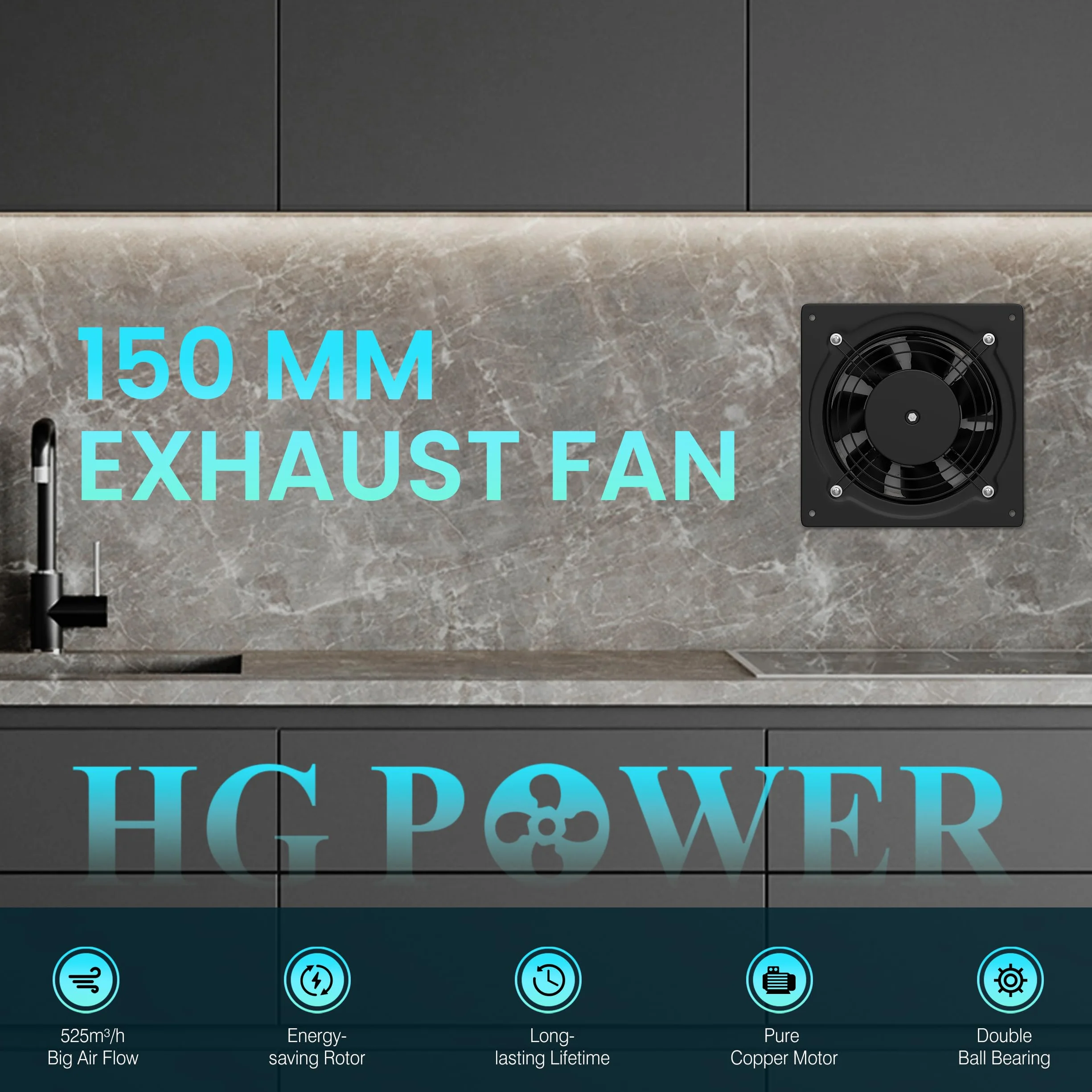 Extractor de aire 150mm HG Power Baño Silencioso Clapeta Antirretorno Regulador Velocidad Negro