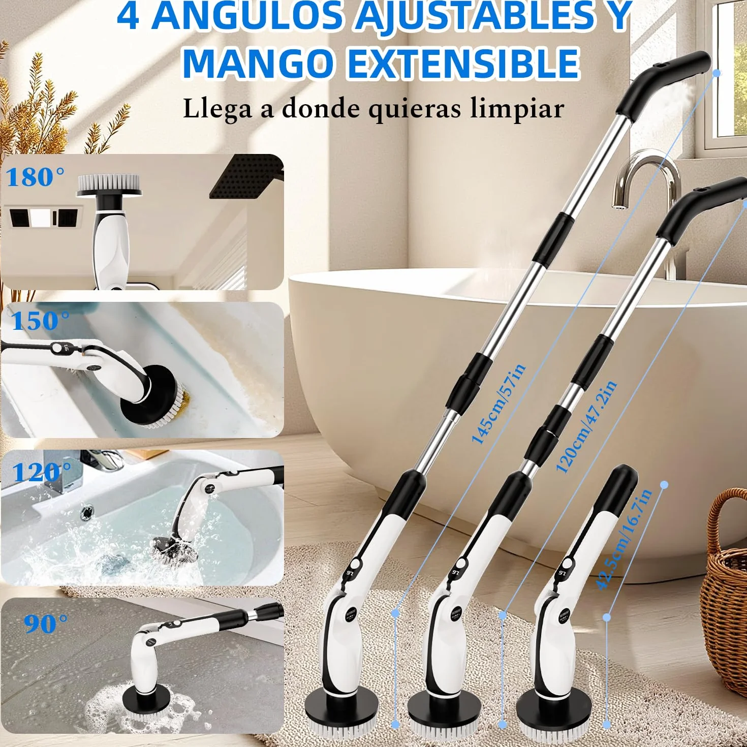 Cepillo Electrico Limpieza Hogar, Cepillo Limpieza Hogar con 4 Ángulos Ajustables, 7 Cabezales de Cepillo, 3 Opciones de Longitud, 90 Minutos de Autonomía, 2 Modos de Velocidad, para Baño, Suelo