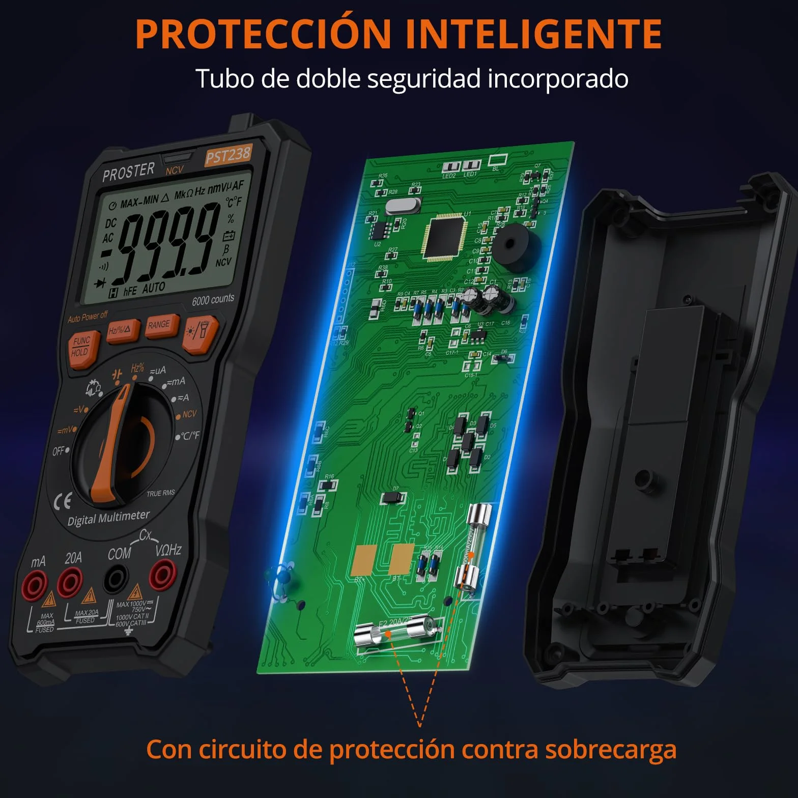 Proster Multímetro Digital 6000 Cuentas NCV TRMS Polímetro Profesional Rango Automático con Pinzas Cocodrilo para Prueba de Voltaje Corriente DC/AC Resistencia Capacitancia Continuidad Temperatura