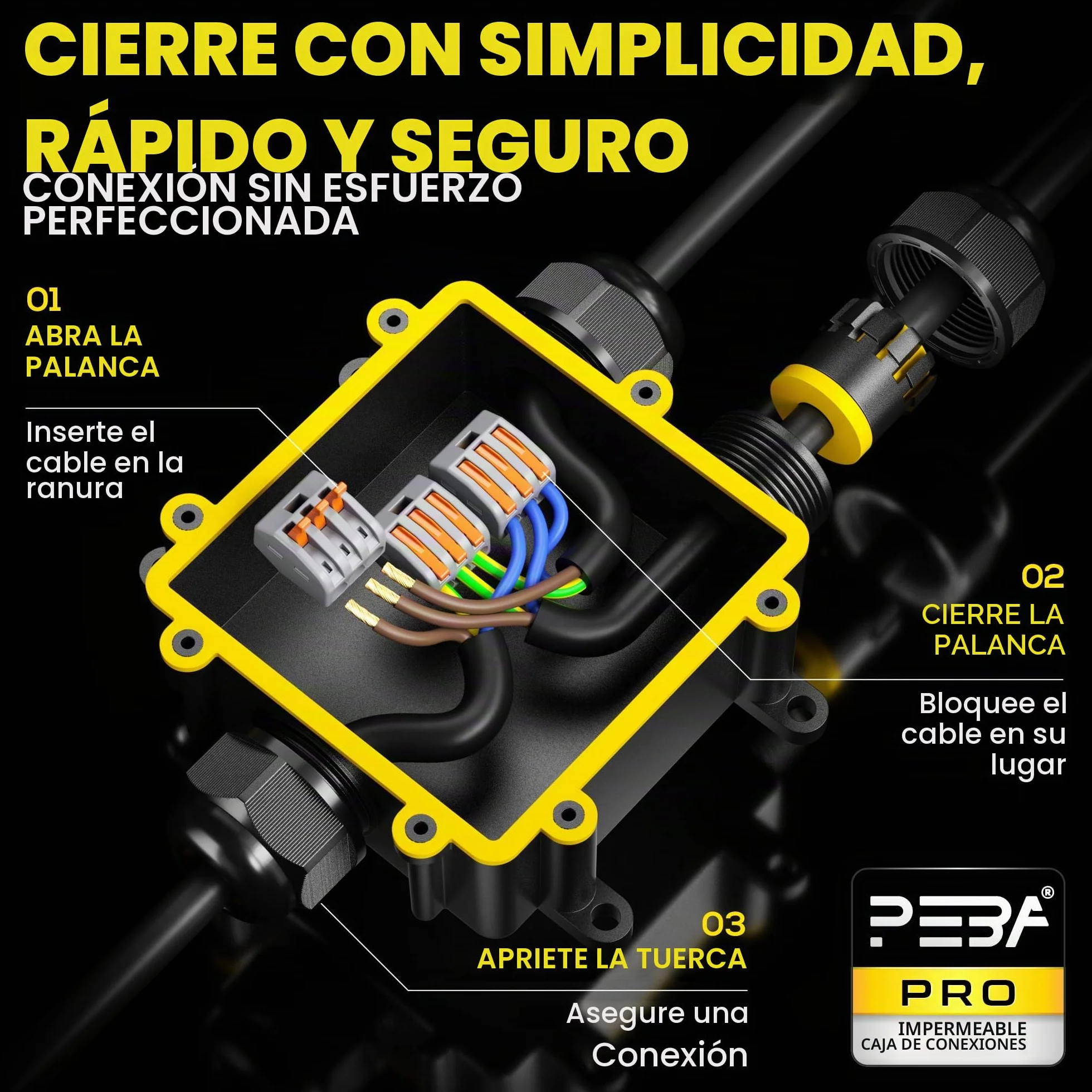 PEBA® Cajas de Conexiones Impermeables IP68, Conector de cable estanco,Caja de conexiones de conector de cable Exterior de 3 vías, Apto para cables Ø4-14 mm Caja Conexiones Negro,1 piezas