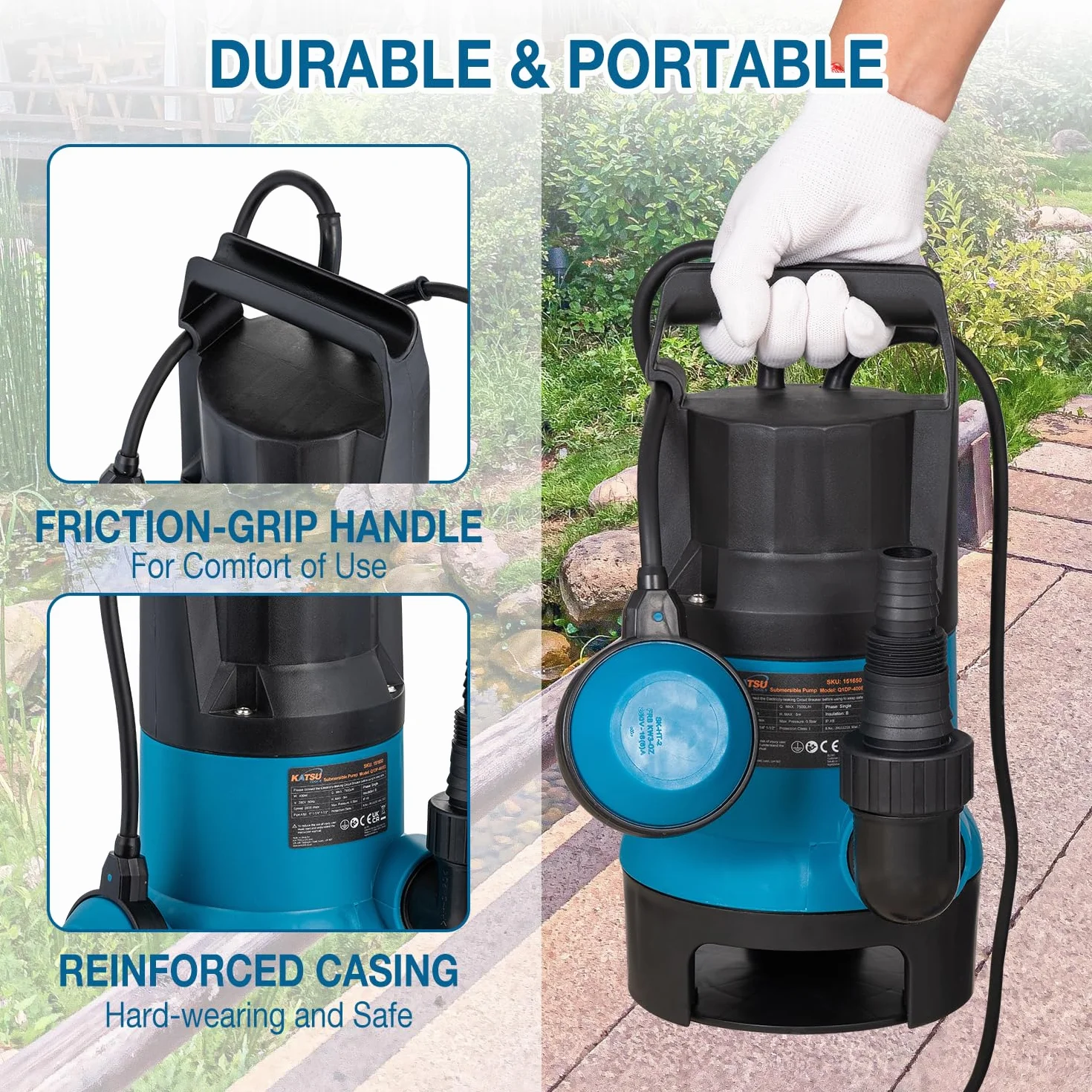 KATSU Tools Bomba de agua sumergible portátil de 400 W para agua limpia y sucia, bomba eléctrica para estanques de jardín, piscinas y zanjas
