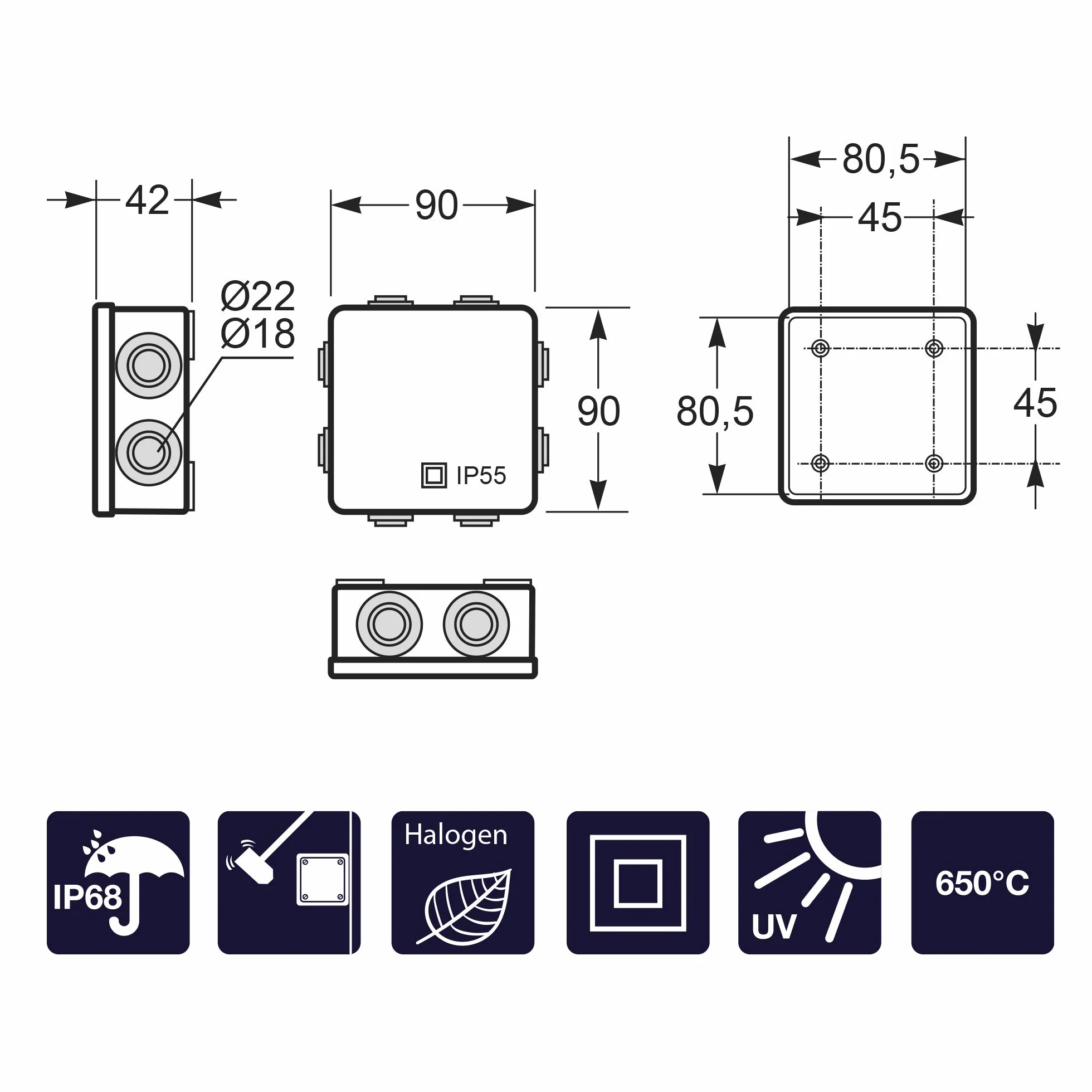 FAMATEL Pack de 6 Cajas Estancas IP65 90x90x42 mm Estanqueidad Tapa a Presión Gris