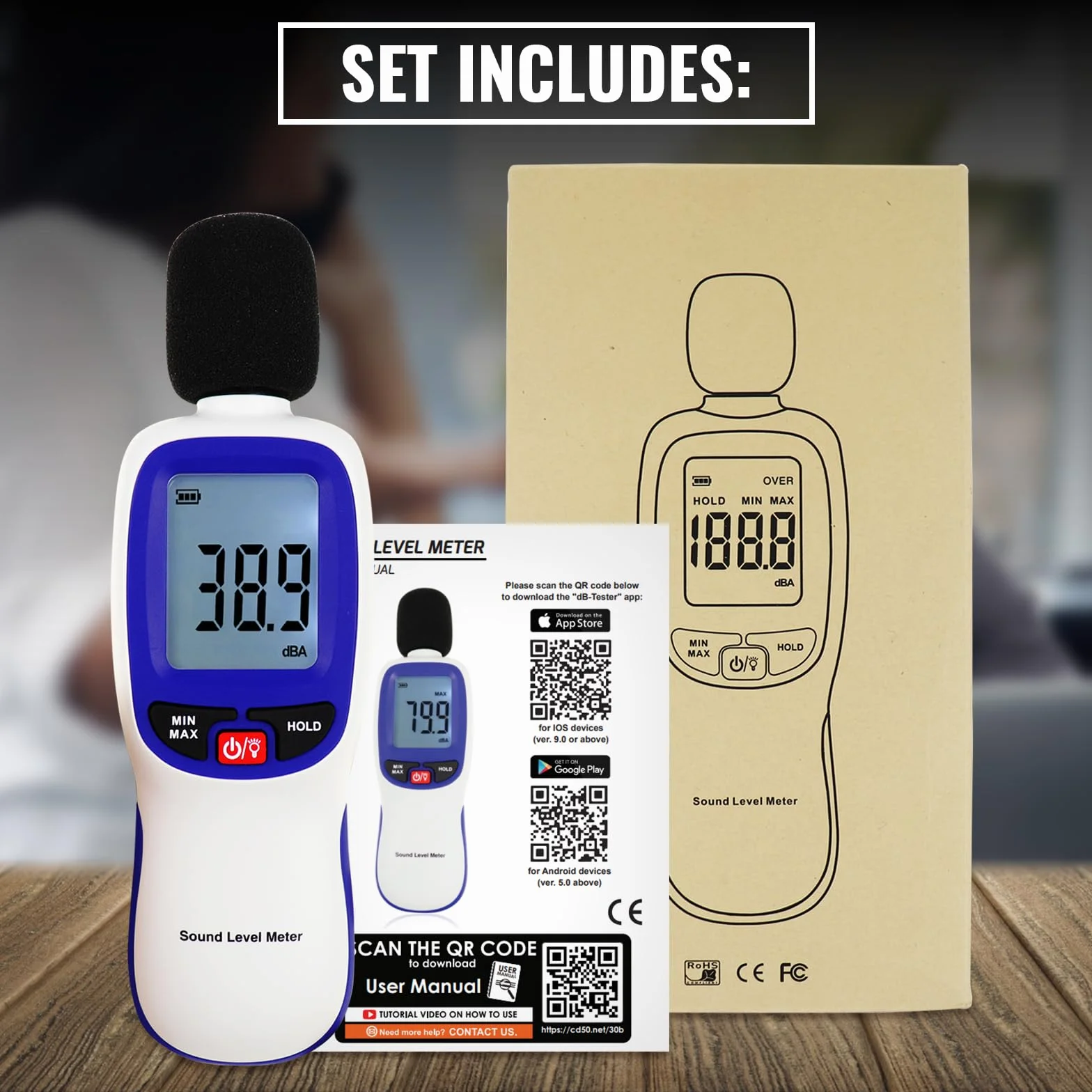 Medidor de decibelios Bluetooth digital de nivel de sonido con APP Datalogger, medidor SPL inalámbrico de 30-130dBA de alta precisión, 20.000 registros, máx./min/espera, alarma - probador de ruido
