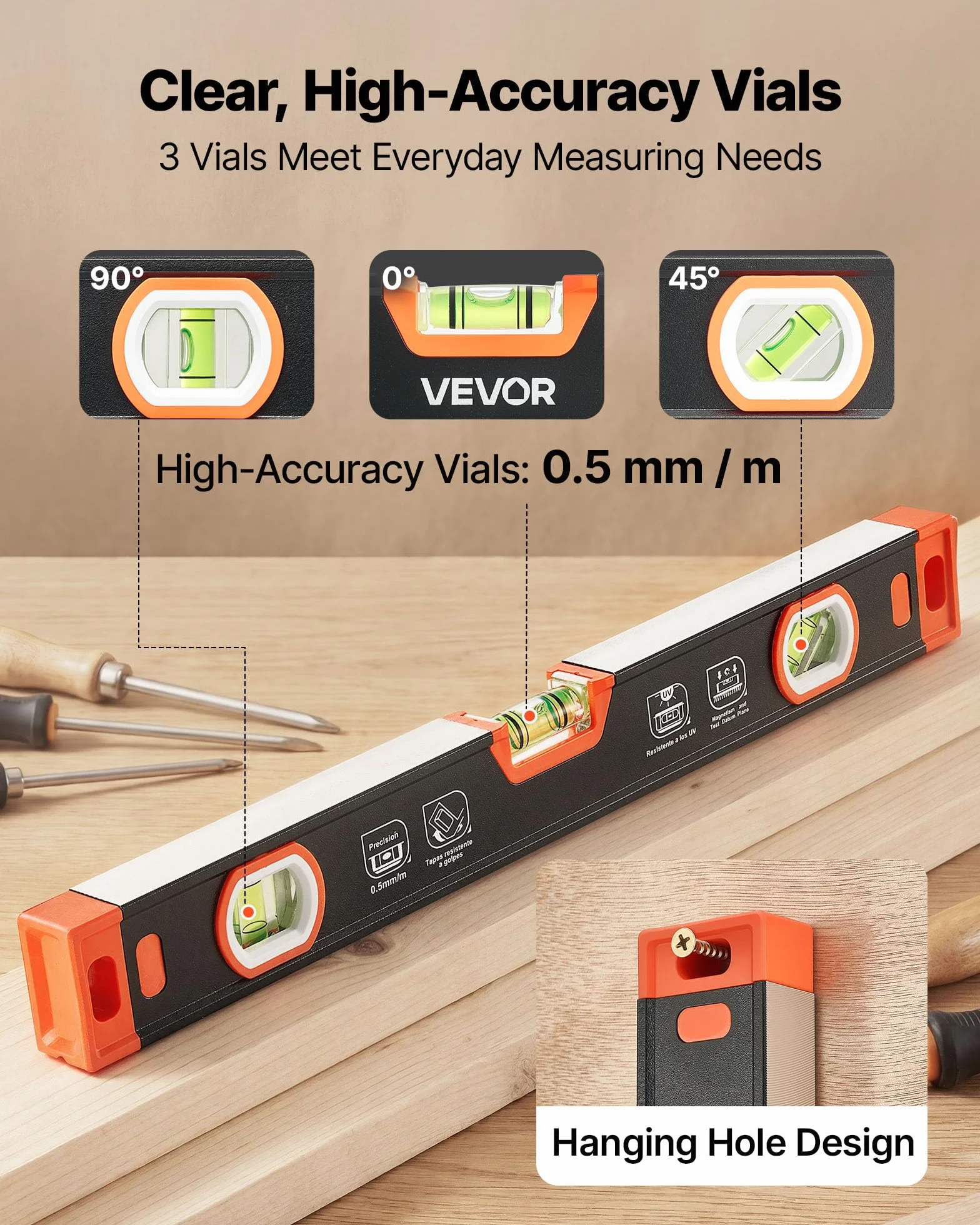 VEVOR Nivel de Burbuja Magnético de Aluminio, Juego de 3 Piezas 22,5/40/60 cm, Herramienta de Nivelación con 3 Burbujas, Ranura en V, Orificio para Colgar, Bolsa para Construcción Bricolaje y Hogar
