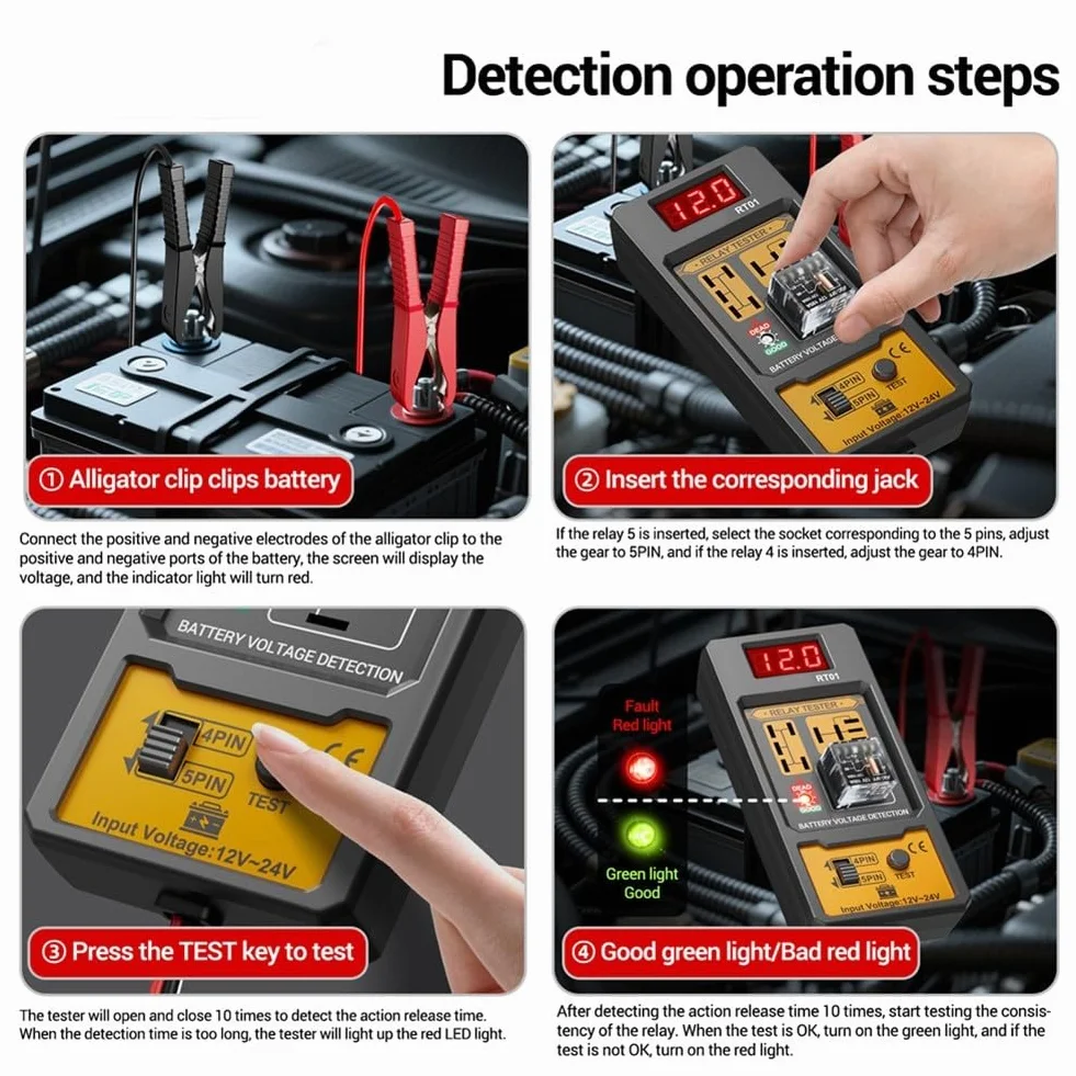 Comprobador de relé de coche de 12 V/24 V. Pantalla LCD con retroiluminación digital, prueba relés de 4/5 pines, compatible con baterías de plomo-ácido/AGM/litio adecuadas para coches, camiones