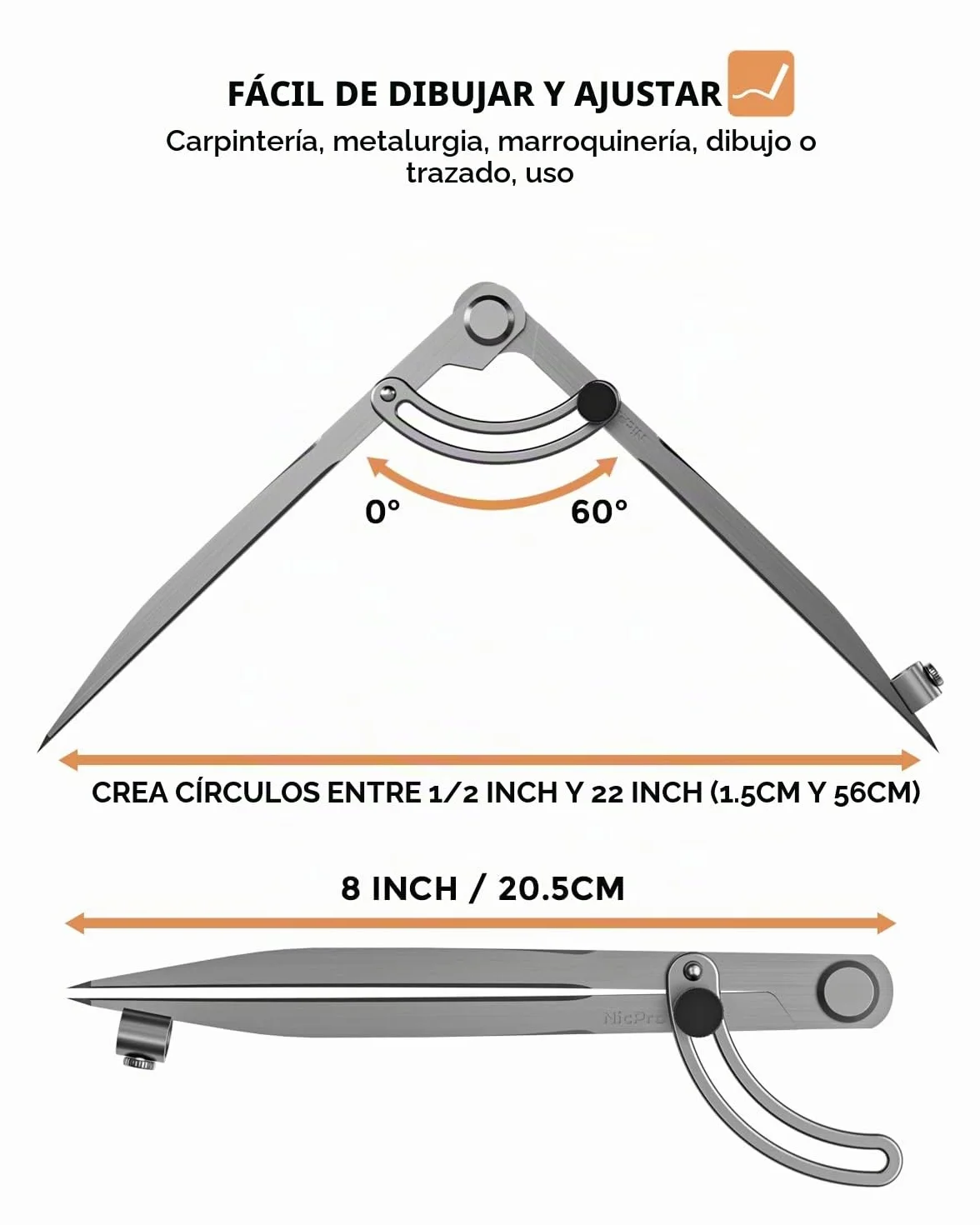 Nicprofesional Compás 8 Pulgadas Carpintería Construcción Geometría Dibujo