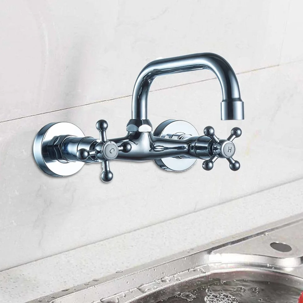 Grifo montado en la pared, Grifo Doble de dos manijas para cocina, Grifo Lavadero, Grifo de cocina nostálgico, regulador giratorio, retro, instalaciones de baño, plata