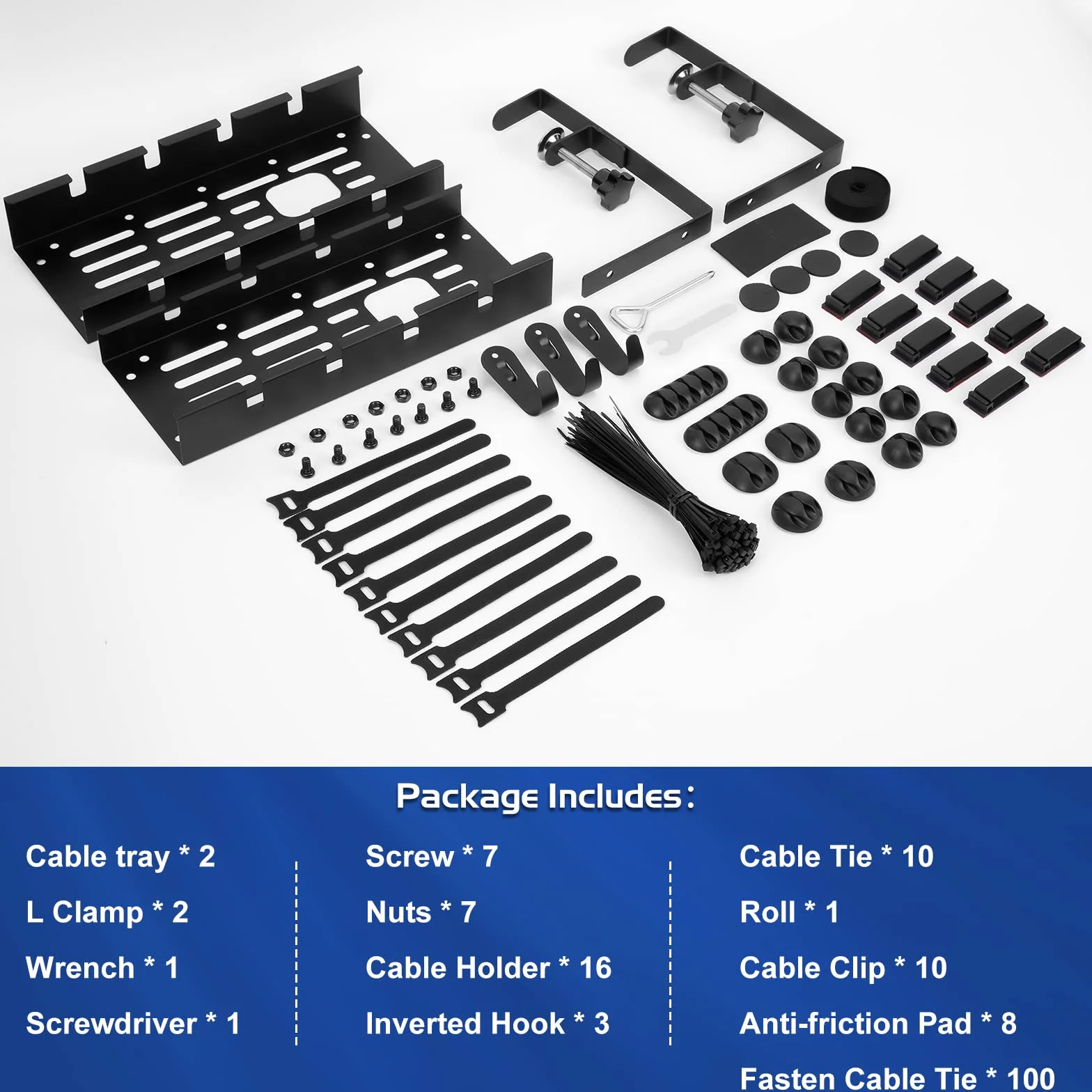WADEO Estante de gestión de Cables Debajo del Escritorio 28-52 cm Organizador de Cables Extensible y Ajustable Sin taladrar Estante de gestión de Cables Juego de gestión de Cables con 148 Accesorios