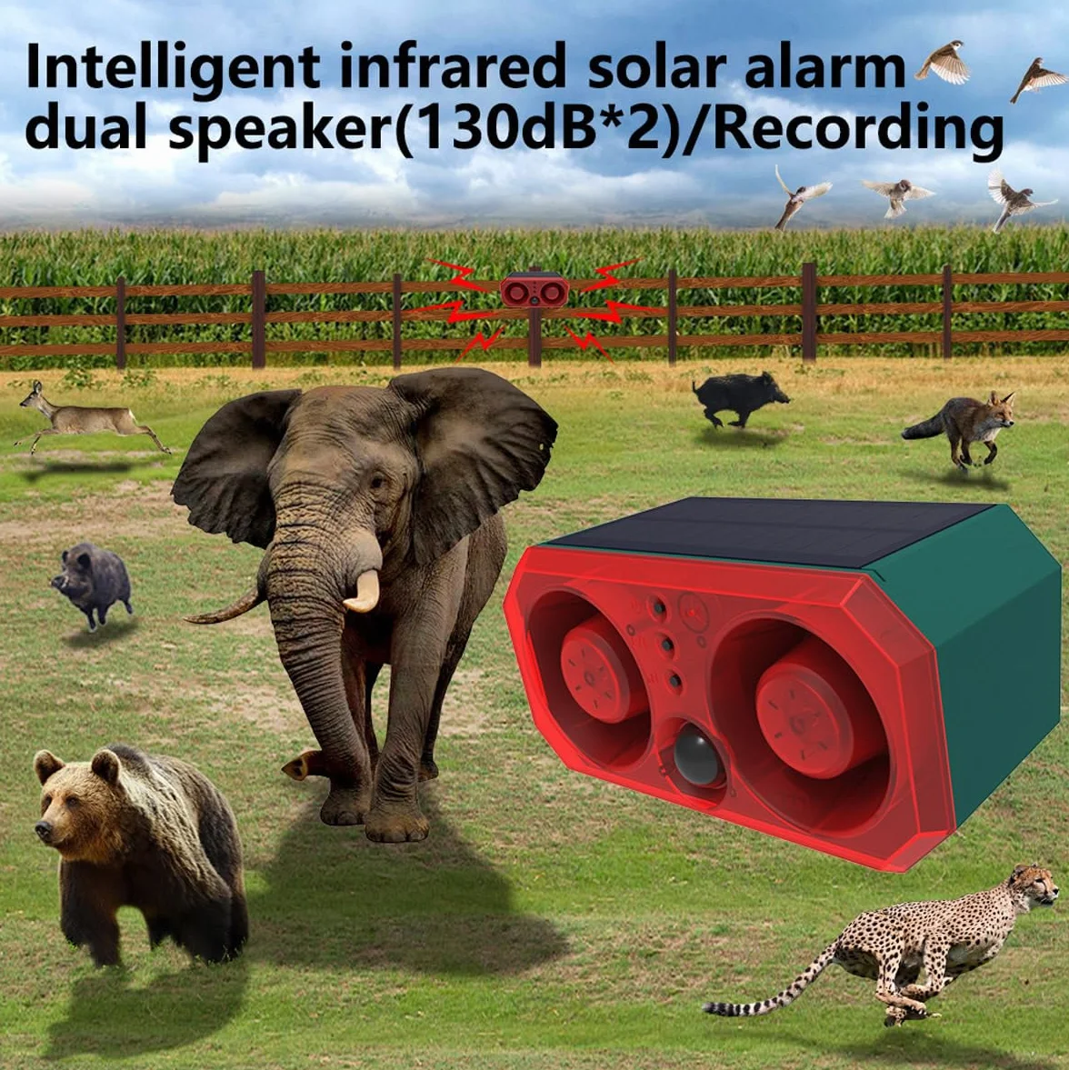 Sirena Solar de detección de Movimiento al Aire Libre-Equipado con un generador de Ruido de 2 * 130db y luz estroboscópica LED, admite grabación, manténgase alejado de Intrusos