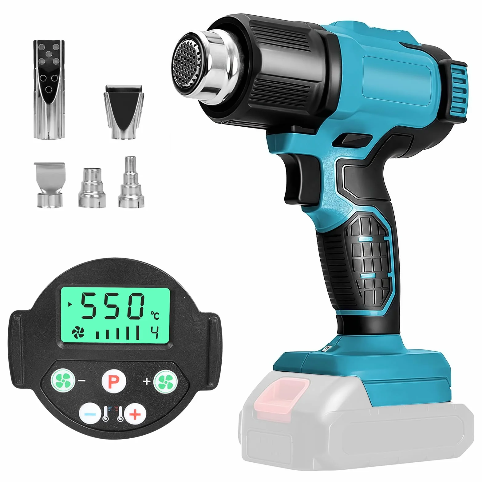 Pistola de aire caliente inalámbrica compatible con batería Makita de 18 V, máximo 550.0 °C (550 °C) de calentamiento rápido, con 5 boquillas para tubos retráctiles, envoltura de vinilo, manualidades,