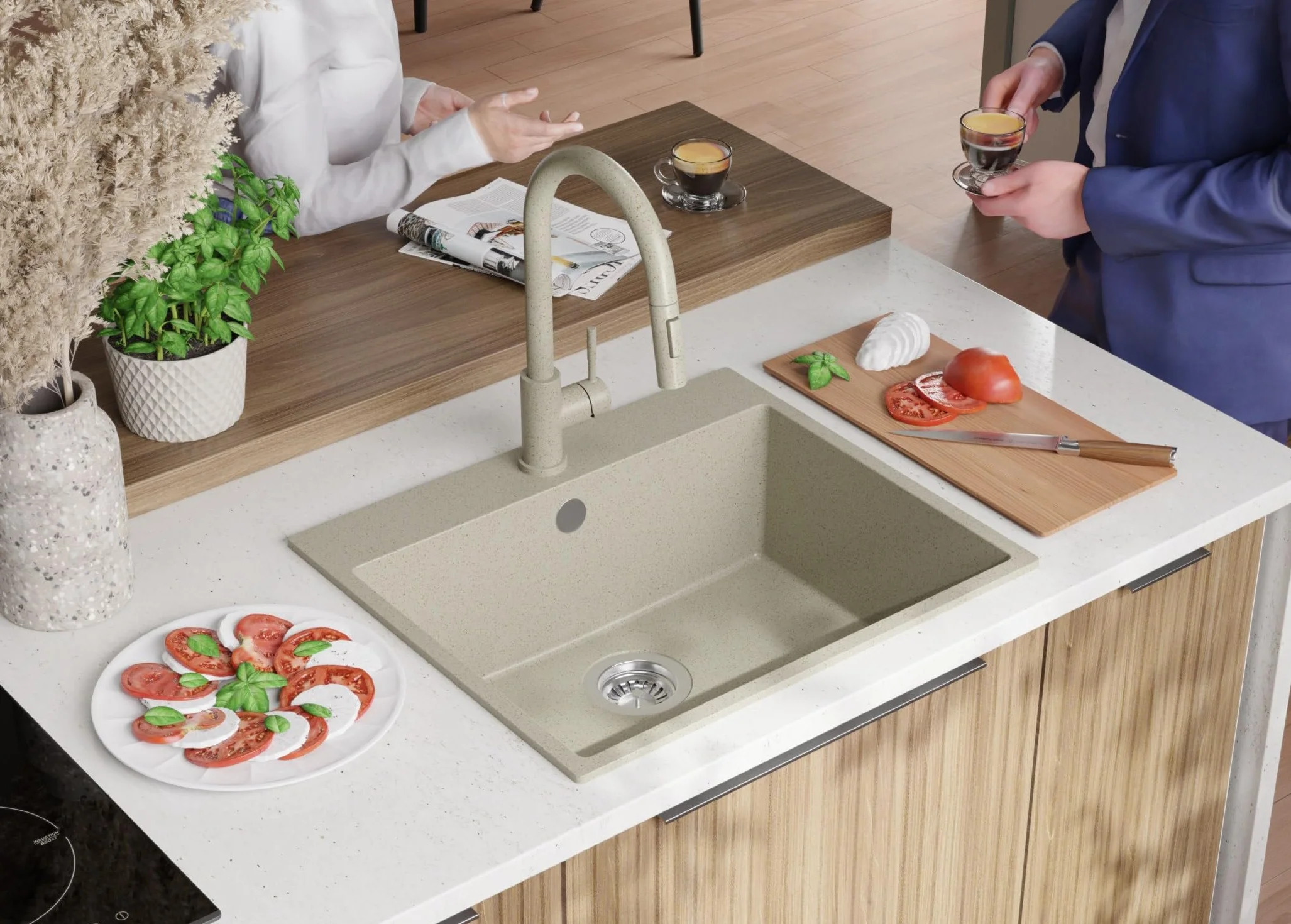 PRIMAGRAN Fregadero Granito Todo Beige 58x50cm, Cocina 1 Seno + Grifo 40x20cm + Sifón, Sobre Encimera al Mueble 60cm - Riga S330