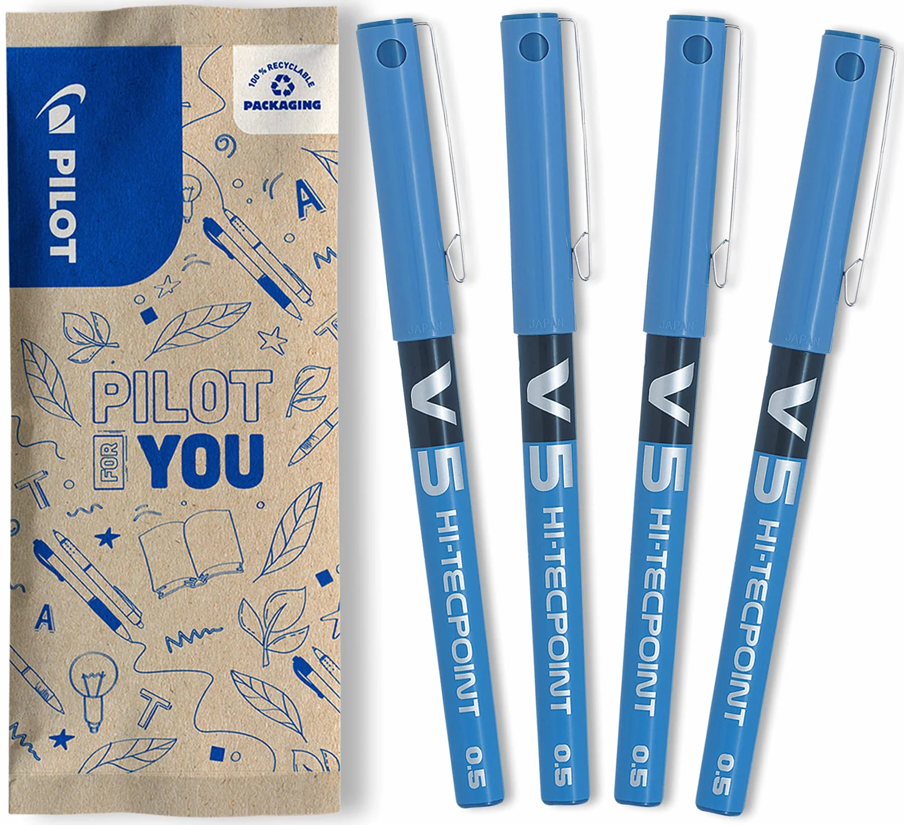 PILOT Caja de 4 V5 Bolígrafos Roller Tinta Líquida Punta de Aguja Fina 0,5mm Azul