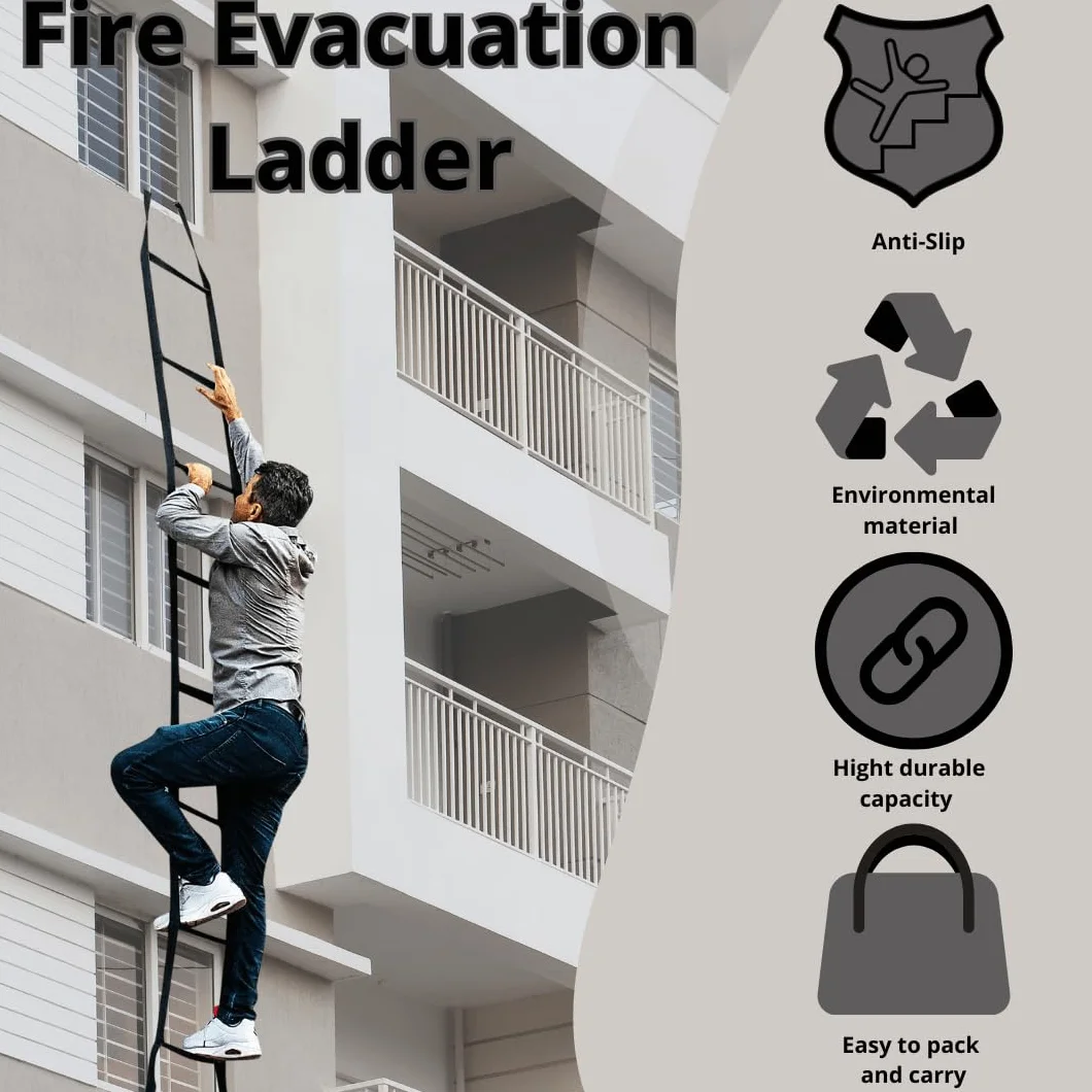 Escalera de Escape de Incendio de 6 Pisos 15 m | Cuerda de Seguridad Multifuncional y Resistente a la Intemperie | Cinta Con Ganchos de Resorte | Ligera, Compacta y Portátil